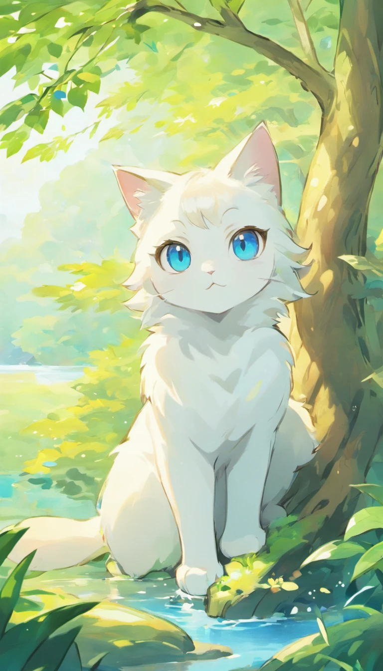 White cat、Blue eyes、sidelong glance、Inside a fantastic forest with a large lake in the background、Elegance、narrow her eyes、Fantastical、hali々and has、Condescending、Go straight towards the tree branch