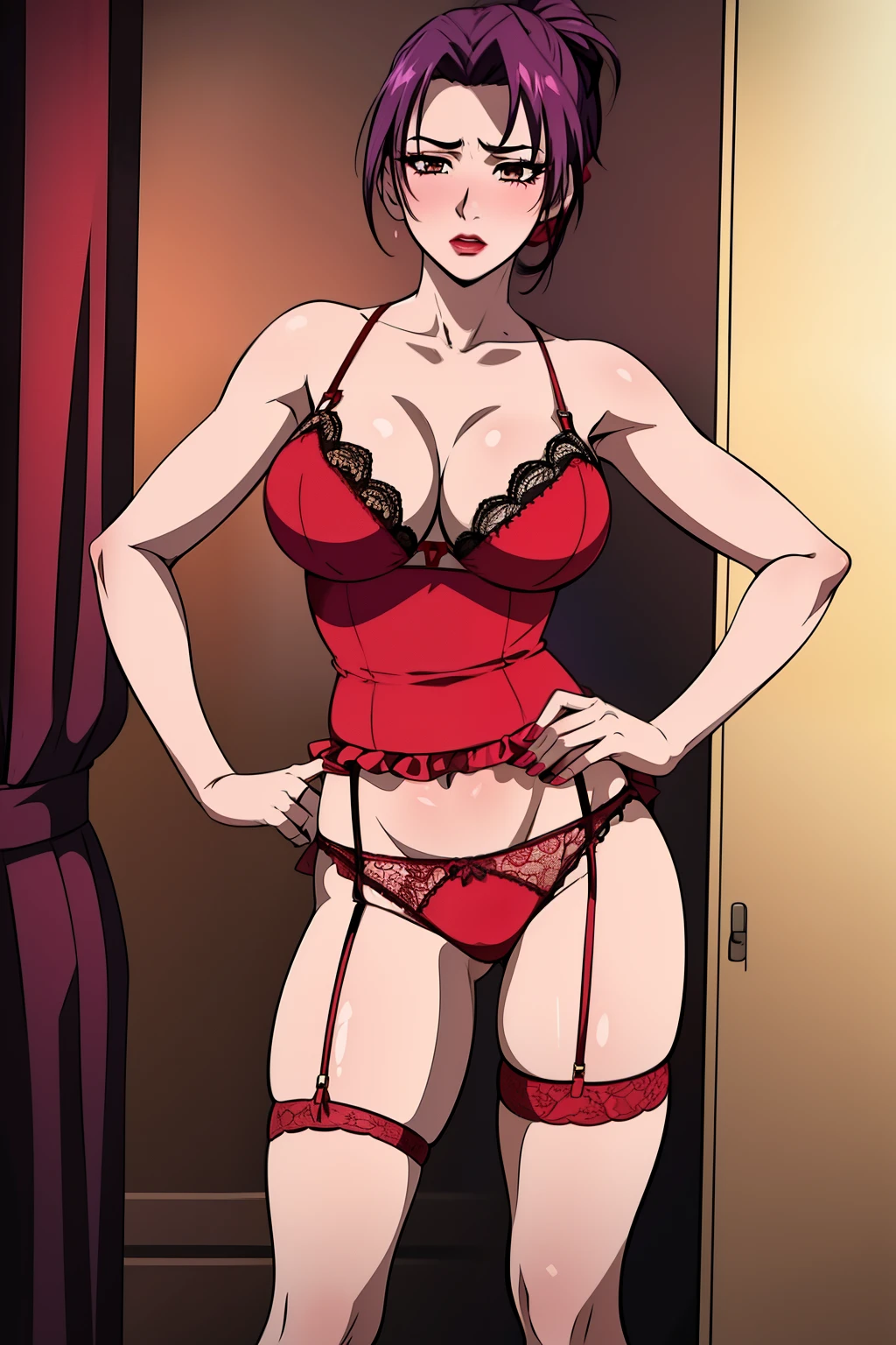 Misako,upper body,breasts,red lace bra, red lace panties,red nylon stockings,red garter belt,lipstick,makeup,brown eyes,full-face blush,red high heels,(masterpiece, High Quality, best quality:1.4),highly detailed,4K, purple hair,