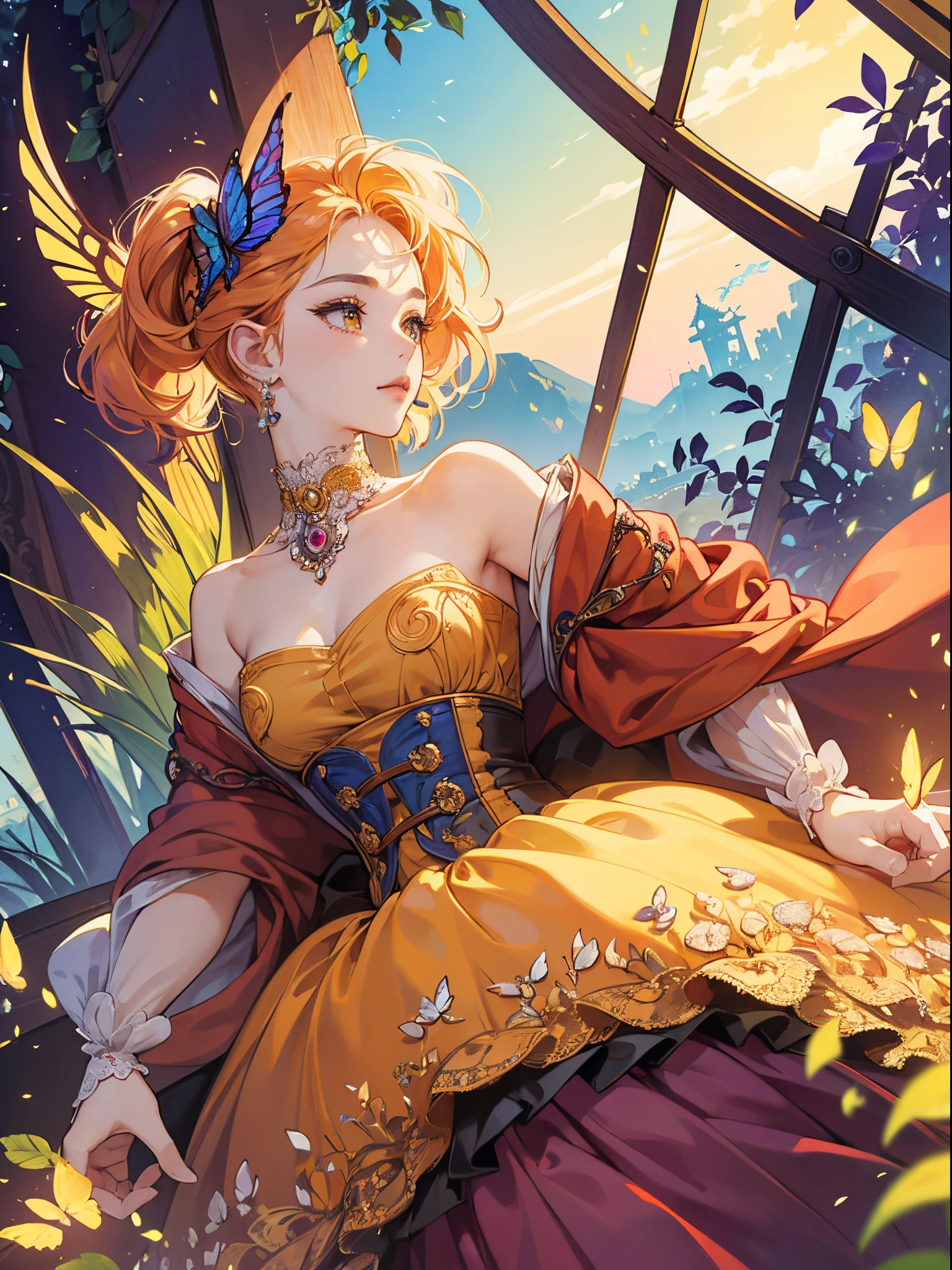 Butterfly motif、orange undertone、Vibrant colors、((masterpiece)))、(((top-quality)))、((ultra-detailliert))、(A hyper-realistic)、(highly detailed CGillustration)、Official art、Luxembourg in the early 20th century、Decadent、Madame Papillon、Cool Beauty、Masquerade、refinement、Elegance、Gorgeous、Colorful and detailed mask design、matchless beauty、Fans、gorgeous dress、jewely、Female Solo、Perfect Angle、perfect-composition