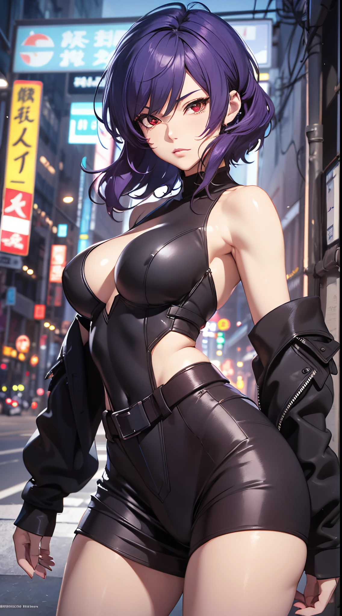 kusanagi motoko, Purple colored hair, red eyes,Anime style woman wearing black tights， anime《Fantasma na Concha》Curly, kusanagi, Misato Katsuragi, Inspired by Morikage Hisumi, anime, Fantasma na Concha, Ghost in the Shell style,seductive anime girls, Anime cute art style, smooth anime cg art, thicc, Anime girl wearing black dress, photorealistic anime girl rendering, ECCHI anime style, realistic anime 3D style, attractive anime girls, [ 4K digital art ]!!