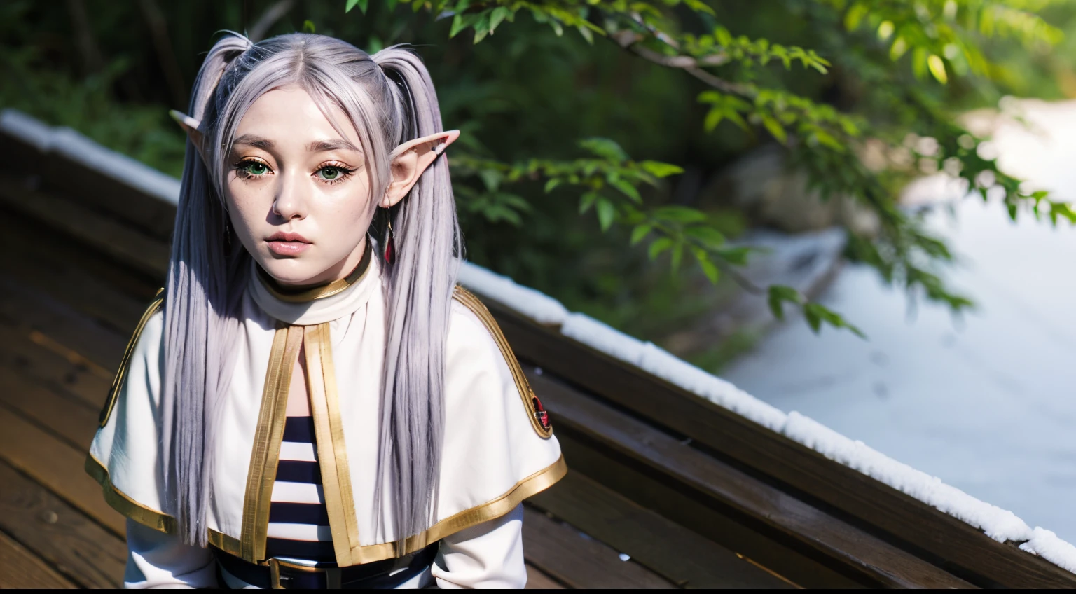 cosmieyes, frieren, frieren, long hair, twintails, (green eyes:1.5), grey hair, pointy ears, elf, shirt, long sleeves, jewelry, pantyhose, earrings, striped, black pantyhose, capelet, striped shirt, looking at viewer, upper body, outdoors, sky, nature, detailed face, detailed eyes, beauty, extremely beautiful face, winter, snowing