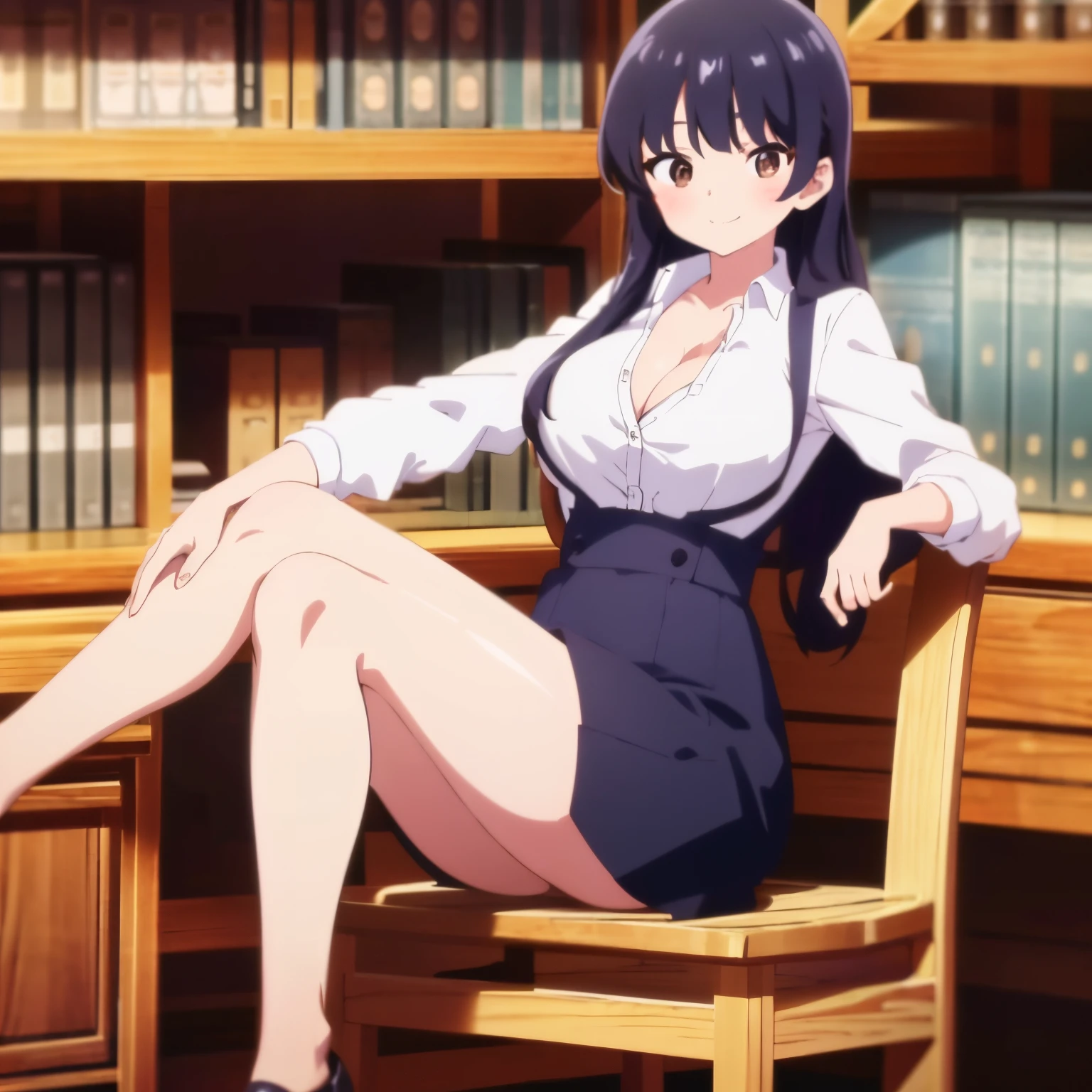 ,(masterpiece:1.2, high quality), (pixiv:1.4),Anna yamada,large breast, medium waist, medium hips, wide thighs 1 girl, alone, onigiri, black hair, food, alone, shirt, long hair, brown eyes, looking at viewer, white shirt, cleavage, navy blue skirt, short skirt, white shoes, black stockings, holding food, blush, embarrassed , smiling, mouth, closed, full body, holding, smile, collared shirt, indoors, dress shirt, bangs, show cleavage, bare legs, library, shelves, sitting, sitting on chair, legs crossed