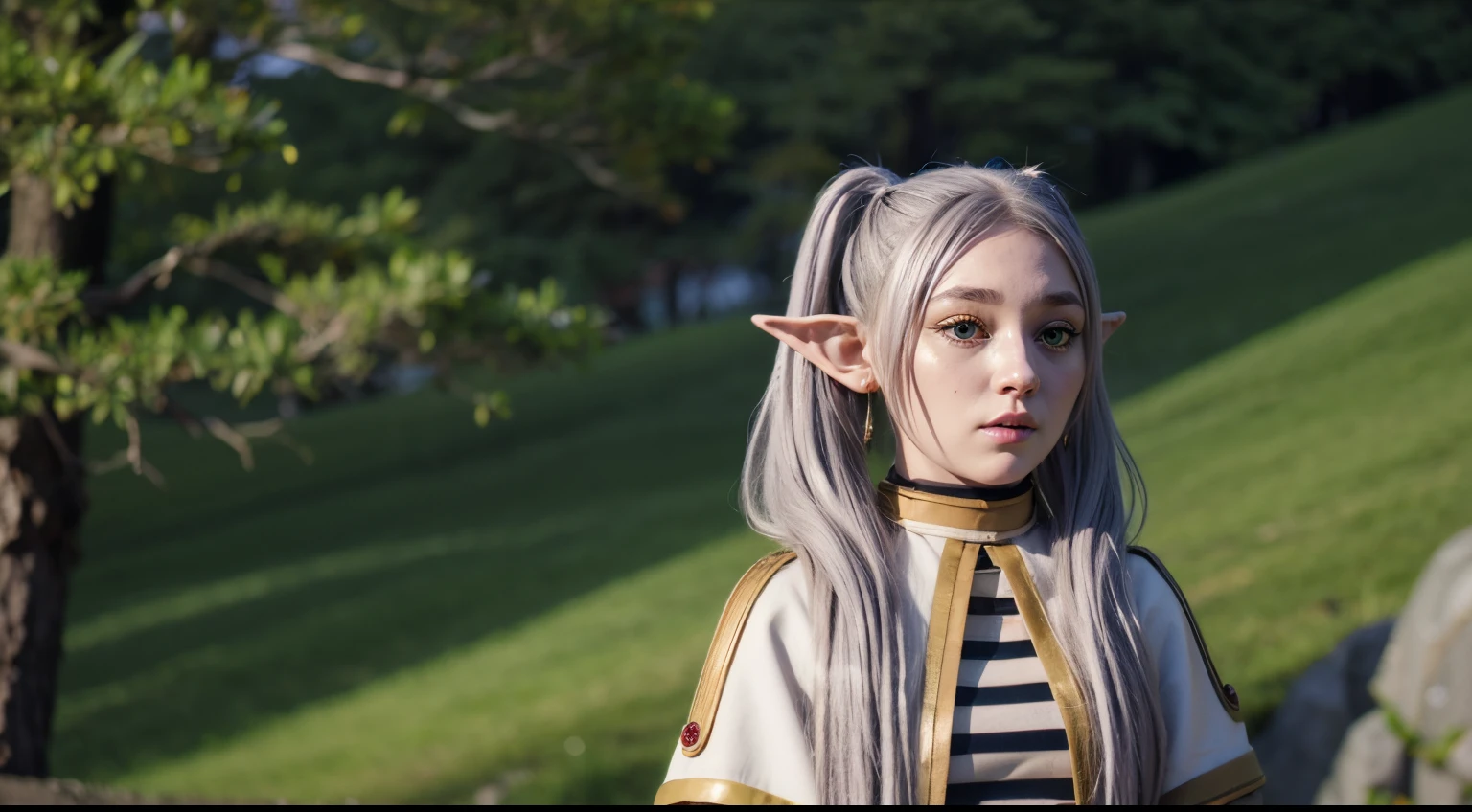 cosmieyes, frieren, frieren, long hair, twintails, (green eyes:1.5), grey hair, pointy ears, elf, shirt, long sleeves, jewelry, pantyhose, earrings, striped, black pantyhose, capelet, striped shirt, looking at viewer, upper body, outdoors, sky, nature, detailed face, detailed eyes, beauty, extremely beautiful face, winter, snowing