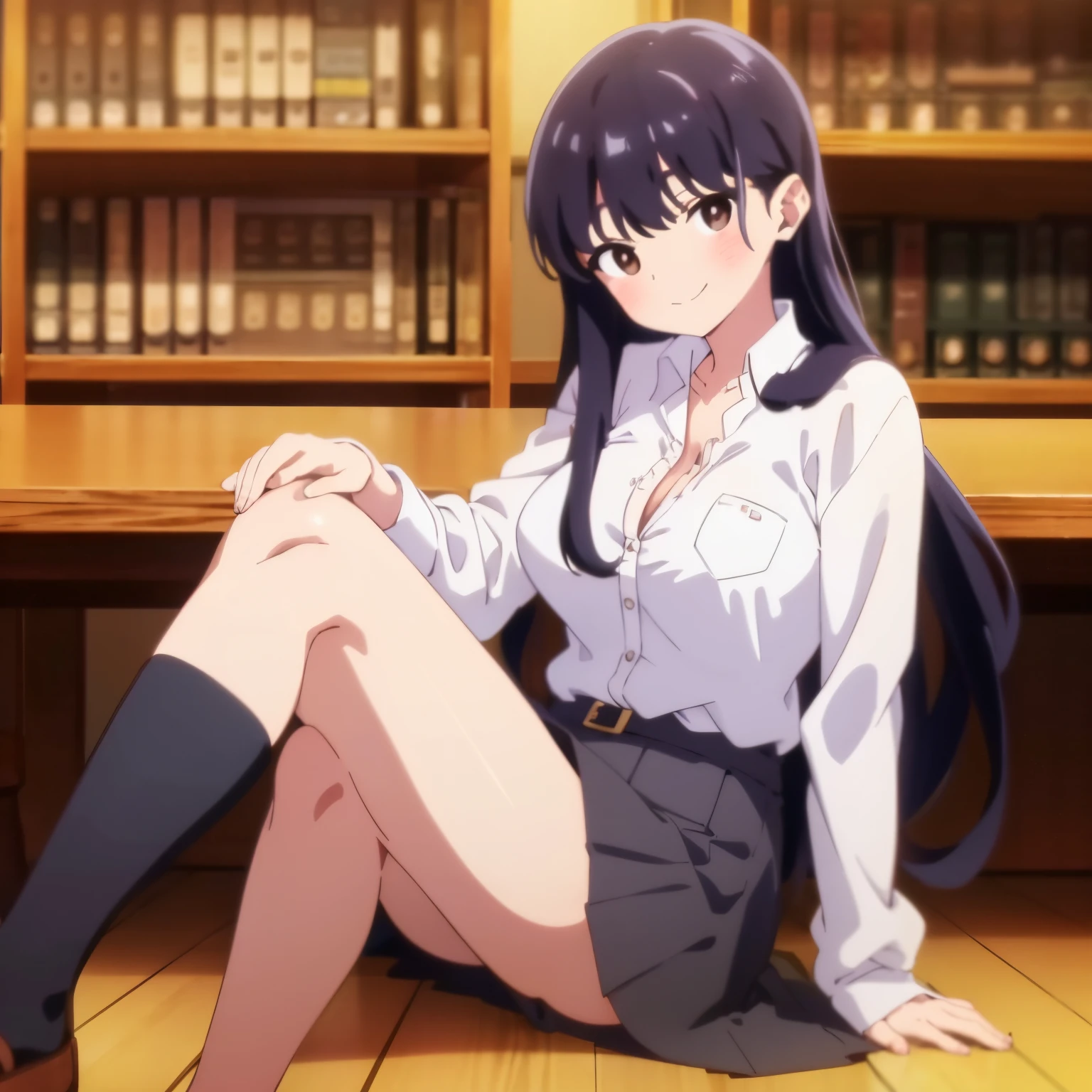 ,(masterpiece:1.2, high quality), (pixiv:1.4),Anna yamada,large breast, medium waist, medium hips, wide thighs 1 girl, alone, onigiri, black hair, food, alone, shirt, long hair, brown eyes, looking at viewer, white shirt, cleavage, navy blue skirt, short skirt, white shoes, black stockings, holding food, blush, embarrassed , smiling, mouth, closed, full body, holding, smile, collared shirt, indoors, dress shirt, bangs, show cleavage, bare legs, library, shelves, sitting, sitting on chair, legs crossed