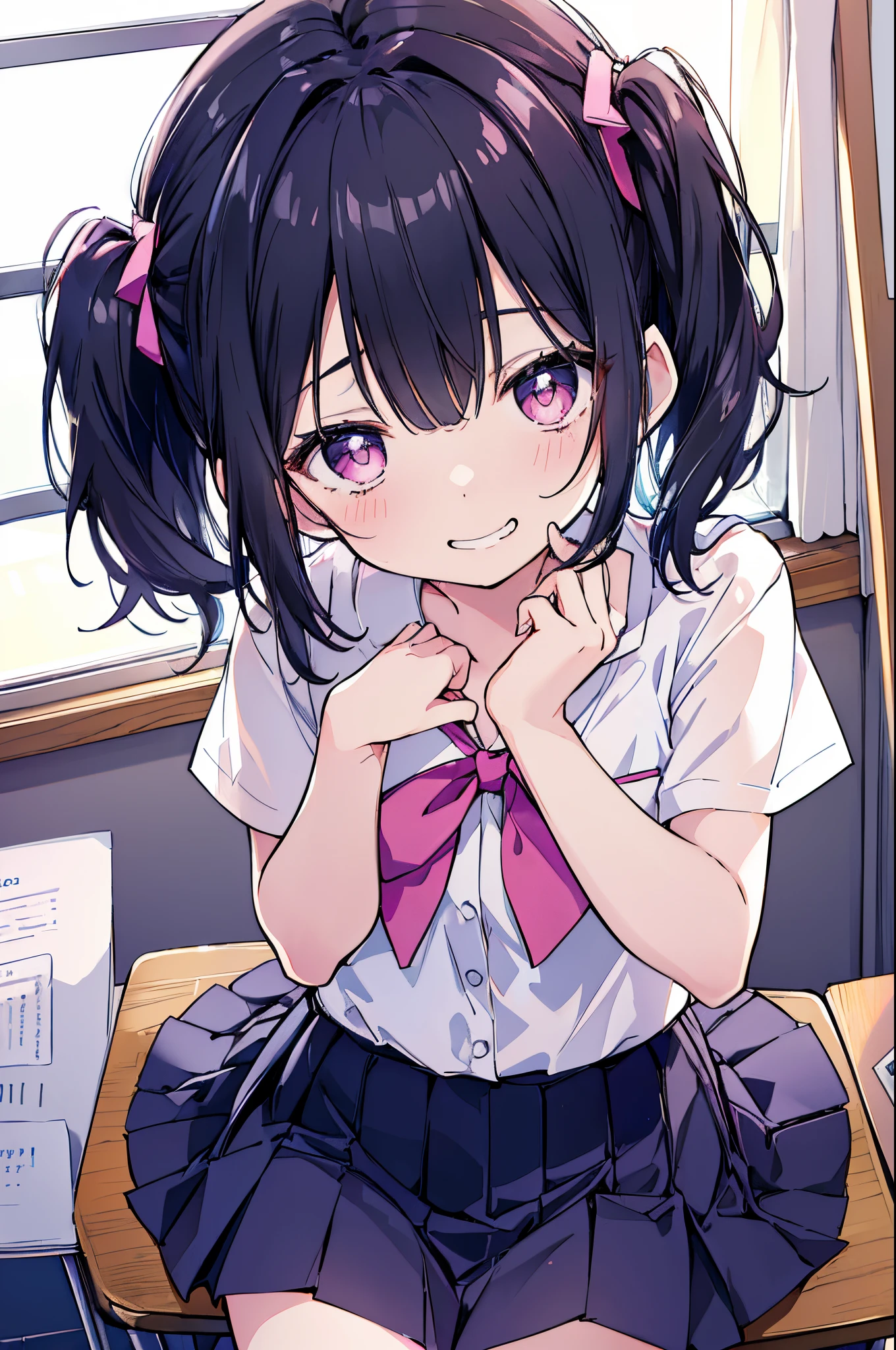 (8K、Top image quality、top-quality、​masterpiece)、1 loli、Black hair twintails、short-hair、Pink eyes、laugh、Grinning、Smaller chest、(student clothes)、(white  shirt)、shortsleeves、Mini pleated skirt in dark blue、cowboy  shot、sit on desk、Taken from above、POV、Classroom Background