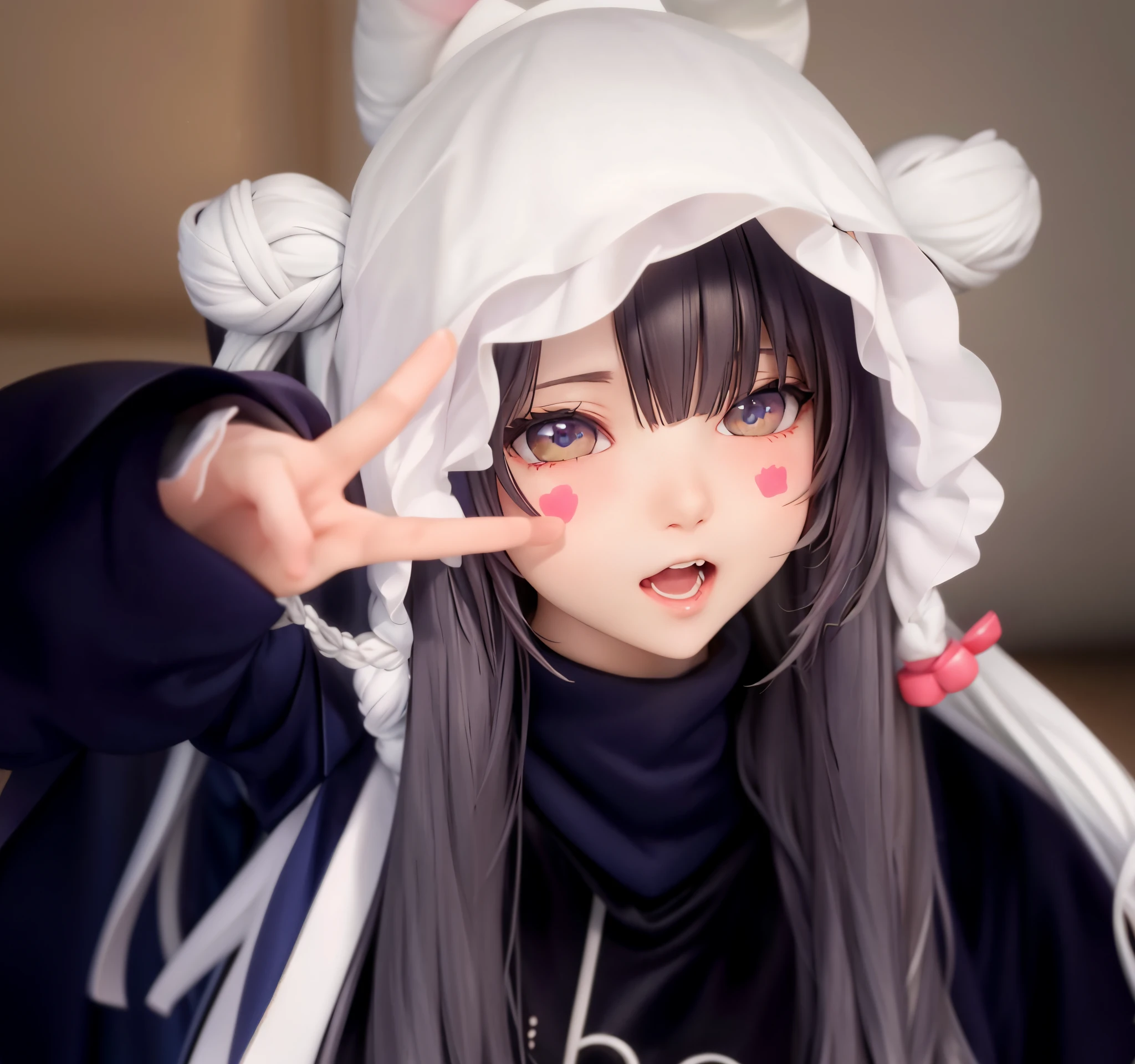 long whitr hair、Alafid girl in white hat making peace sign, Shikami, kawaii realistic portrait, Anime girl role play, black haired girl wearing hoodie, cute kawaii girls, Double ponytail white_mitts, guweiz, cute anime face, Cute and natural anime face, Belle Defin, change, ahegao face, Cute Anime Girls