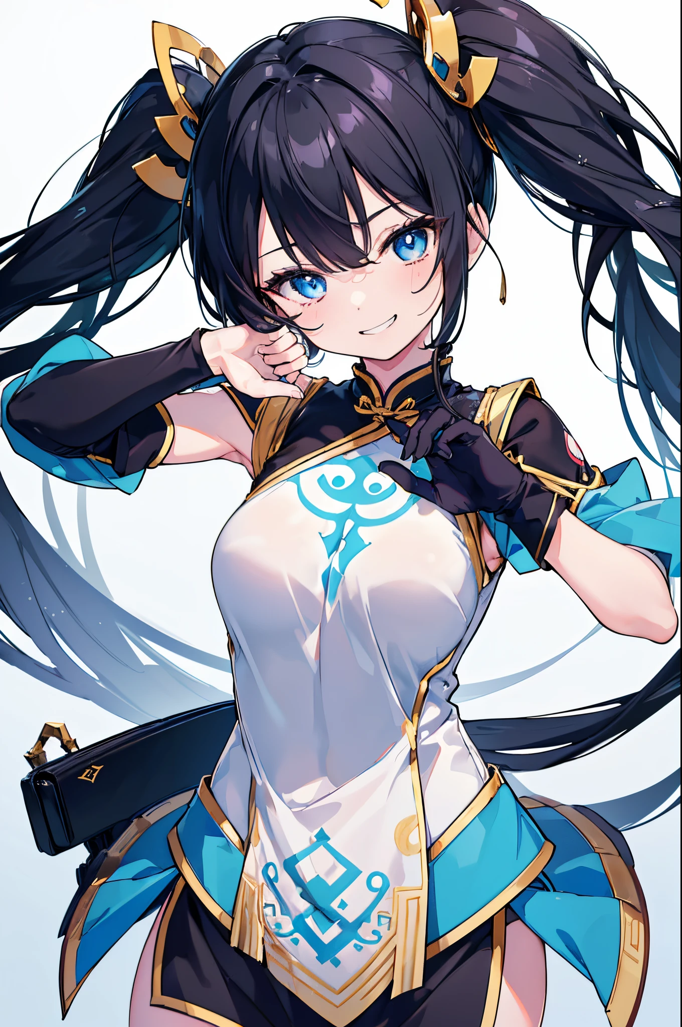 (8K、Top image quality、top-quality、​masterpiece)、1 girl in、Black hair twintails、light blue  eyes、laugh、Grinning、Moderately breasts、(white chinese clothes)、sleeveless、Black Gloves、The upper part of the body、claw pose、POV、simple background