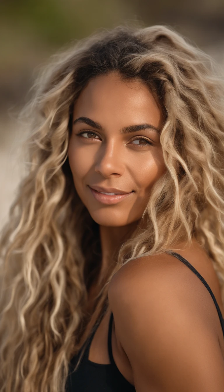 arafed woman with soft wavy boho dreadlocks with blonde highlight, on a beach looking at the camera, photo of a beautiful woman, she has light caramel skin with yellow undertones, gorgeous woman, mixed-race woman, gorgeous beautiful woman, mixed race woman, with textured hair and skin, in workout clothes at the gym