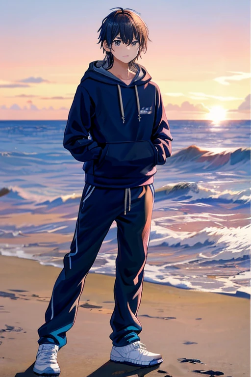 An arafe man wearing a hoodie standing on the beach at sunset, standing at the beach, posing on a beach with the ocean, full body portrait shot, Wearing a hoodie and sweatpants, stands on the beach, standing near the beach, standing beside the ocean, standing on the beach at sunset, with sunset, Joggers, in beach, wearing a tracksuit