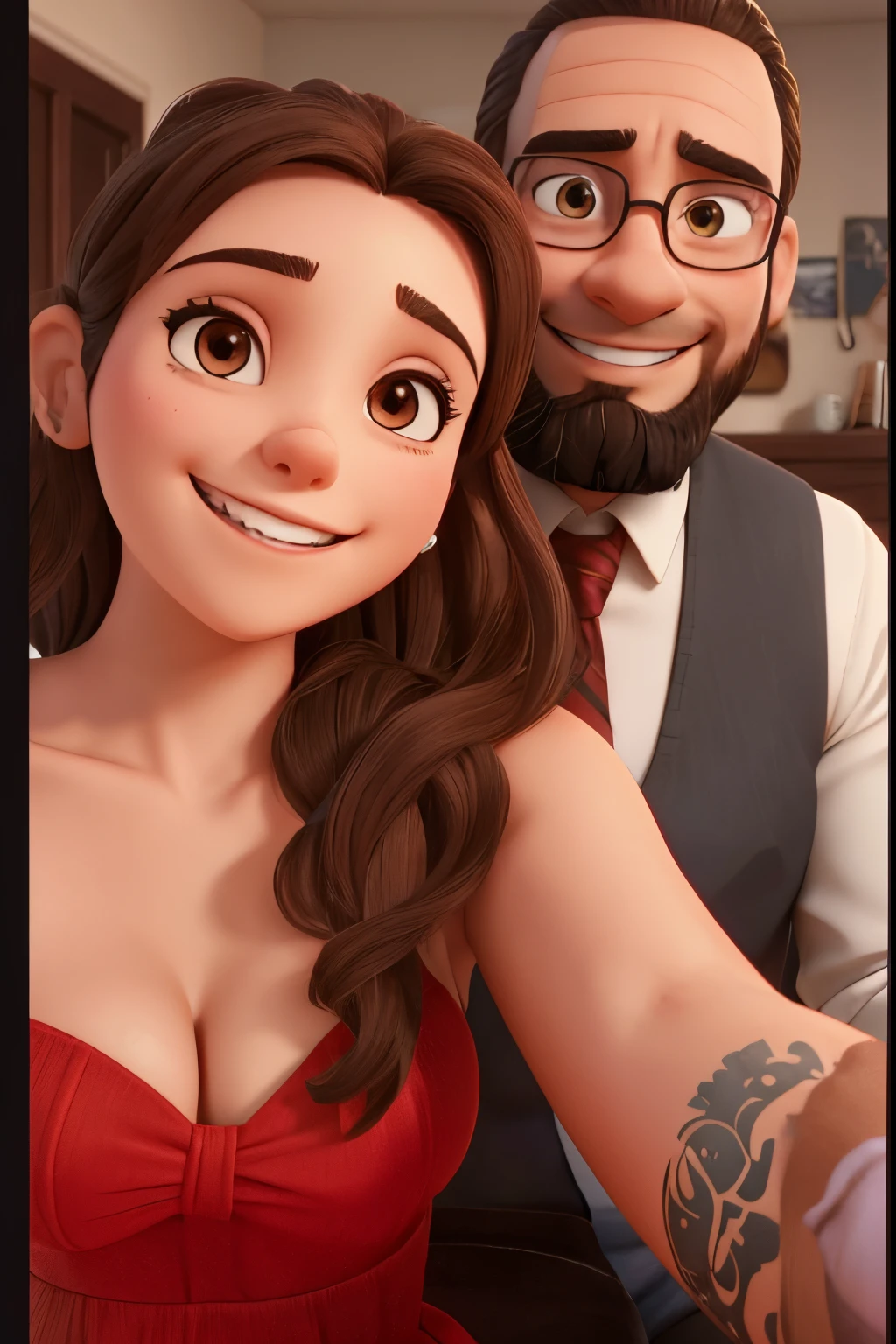 Couple taking a selfie together. Smiling happy couple. Woman is wearing a red dress and has dark brown hair, brown eyes with big lashes. Man has hair pulled back and a beard
