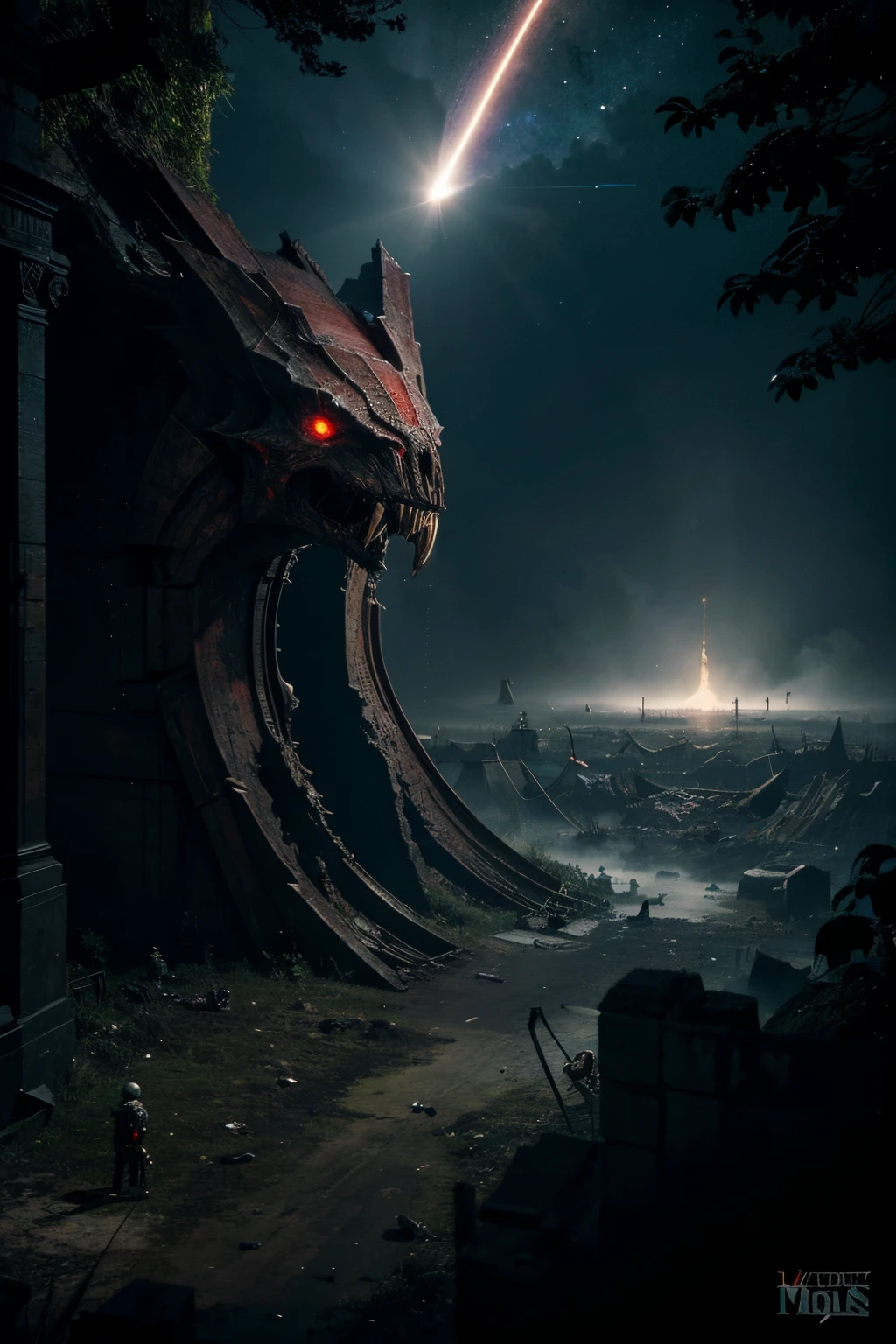 Space Star Aerial，in a dark and damp corner，A group of nameless monsters are eating the remains of a huge god，They have scarlet eyes and broken bodies
