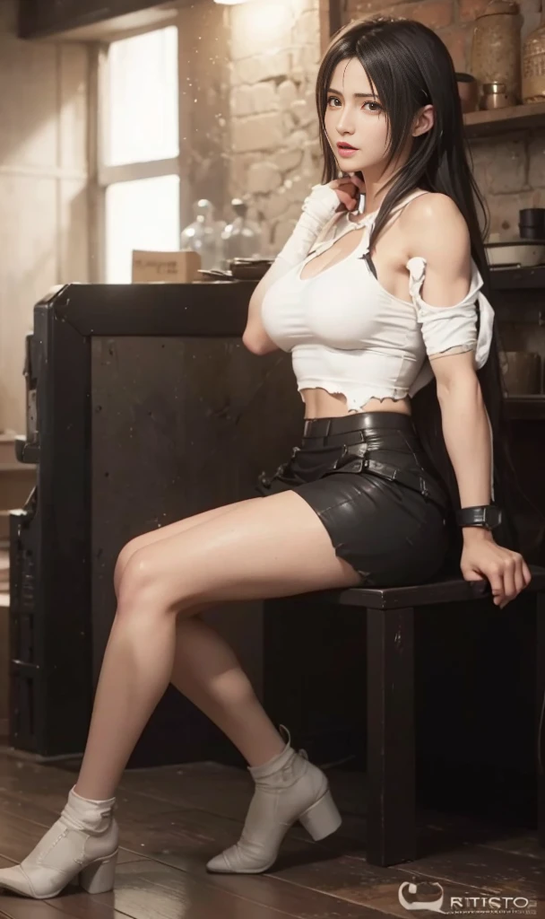 (best quality,ultra-detalhado),(Realistic:1.37),Tifa Lockhart, Rosto bonito e detalhado, expression of anger, maquiagem preta nos olhos, textura ultra realista, rosto delicado, corpo delicado, Fit physique