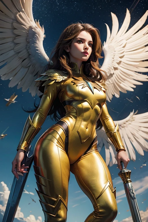 ((Armed with a huge and heavy scepter)), (Picturesque heavy golden armor), Extra thick helmet，There are small wings on both sides, (Wrap the whole body), ((Red Cape)), ((beautiful woman Brazilian six-winged battle angel)), pretty face, ((half turtle)), ((laments)), (Thick clouds at her feet))), (((Rising rose petals))), stereoscopic perspective , Masterpieces, (((face detail)), ultra-detailed, 16K resolution, high quality, Cinema lighting, High image detail, Dynamic perspective, (depth of fields), A detailed, Epic photos