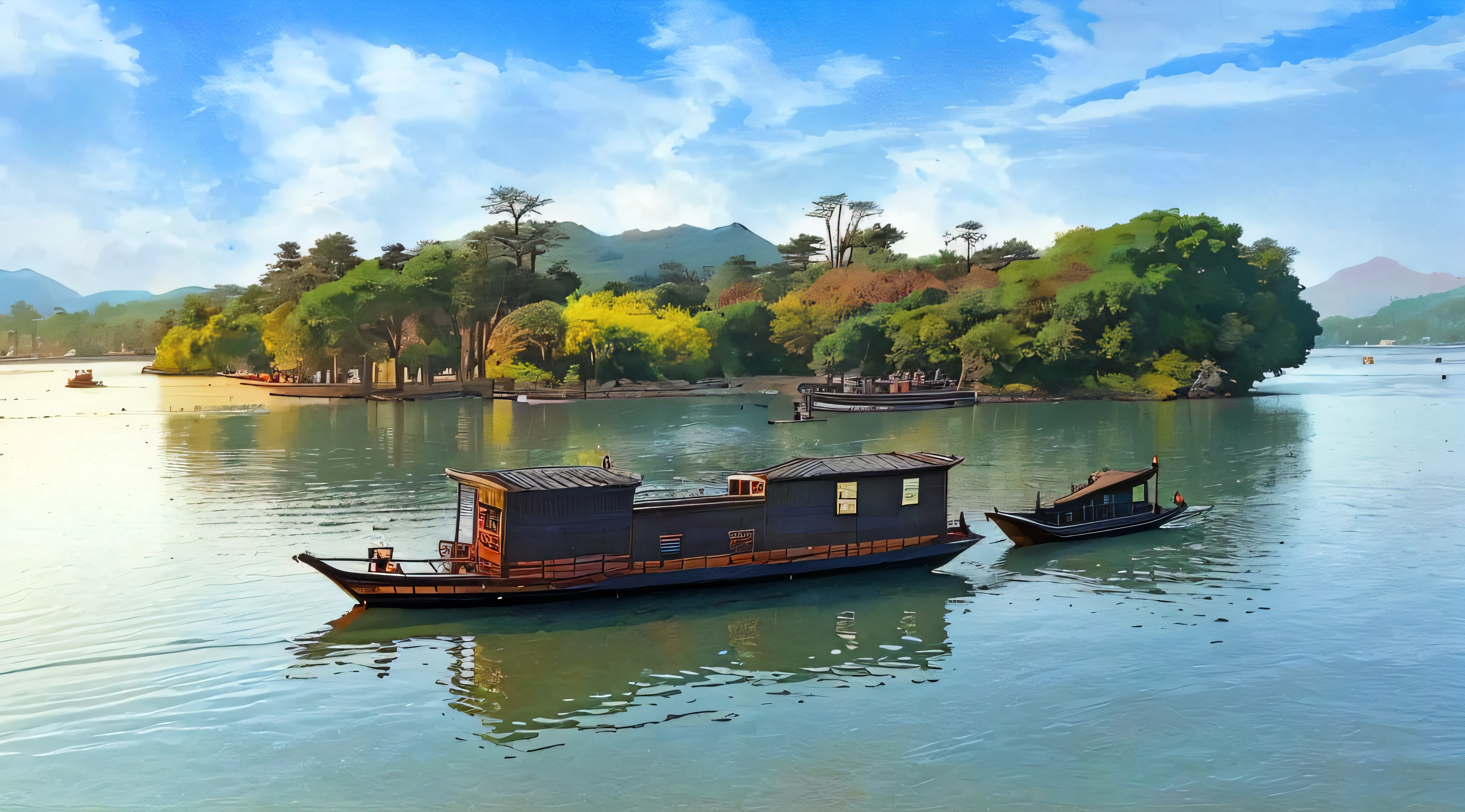 There are two boats floating in the water, Hangzhou, Beautiful renderings of the Tang Dynasty, zhouzhuang ancient town, ship on lake, There are 3 boats in the river, by Ni Yuanlu, author:Shen Zhezi, author:Li Di, Tang Dynasty Palace, Wooden boats, ancient buildings of China, Chinese landscape, author:heroes, surname