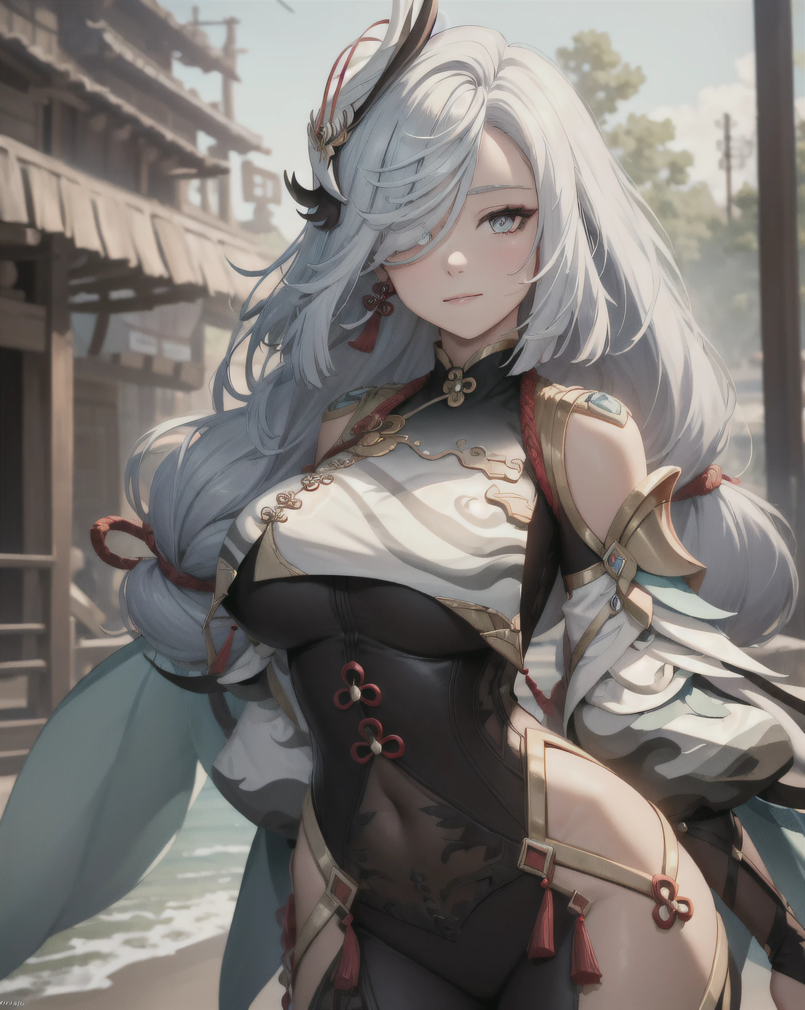 (masterpiece, best quality:1.2), cowboy shot, solo, 1girl, shenhe, smile, looking at viewer, hand on breast, cleavage, jewelry, earrings ,NSFW, official art, extremely detailed CG unity 8k wallpaper, perfect lighting, (masterpiece:1.0),(best_quality:1.0), ultra high res,4K,ultra-detailed, photography, 8K, HDR, highres, absurdres:1.2, Kodak portra 400, blurry background, bokeh:1.2, lens flare, (vibrant_color:1.2),(beautiful_face:1.5),(narrow_waist),(perfect hands, perfect anatomy), very huge breasts, very wide hips, slim waist, curvy, on a pirate ship