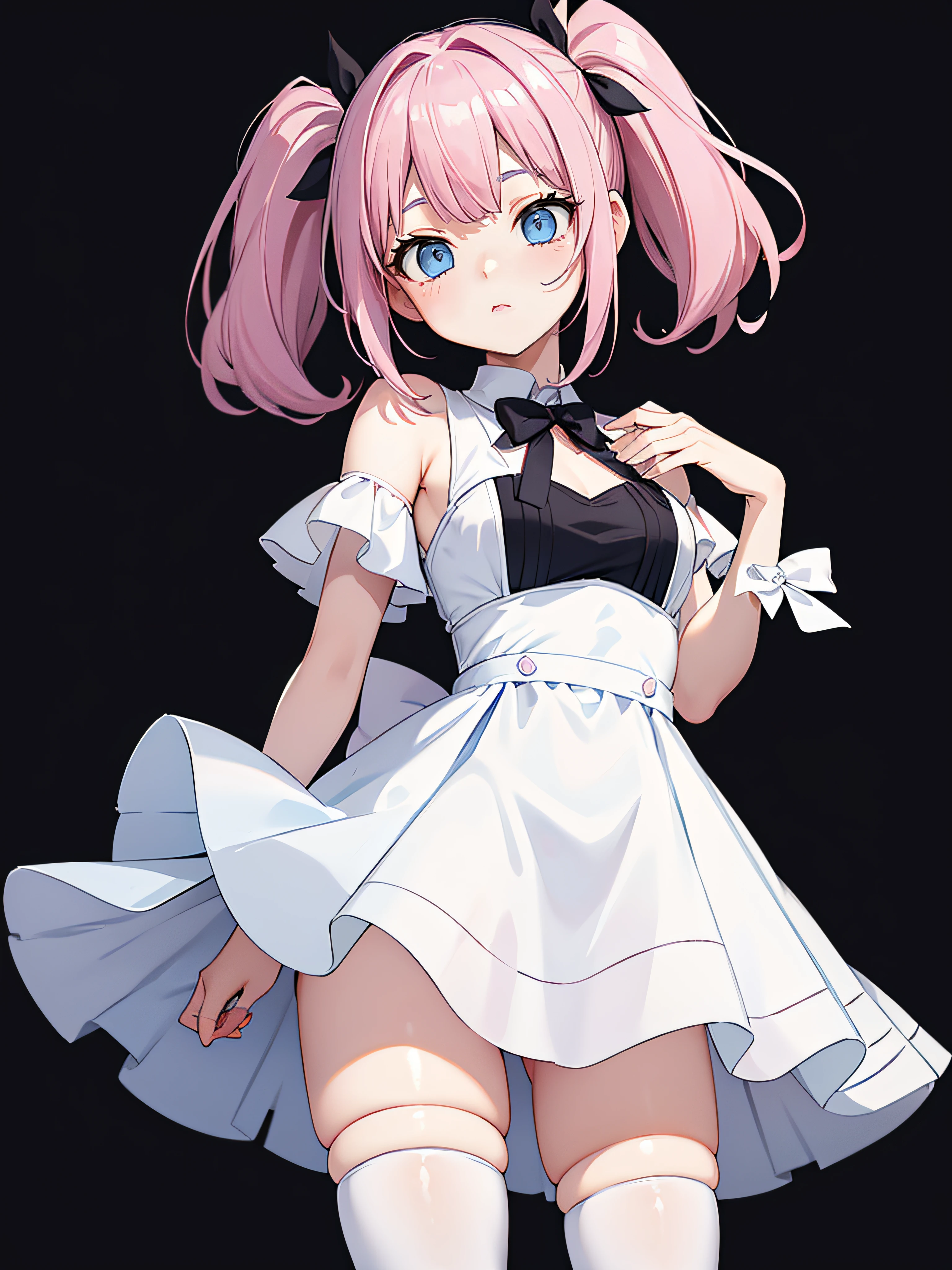 pale blue eyes, dark pink hair color, double.ponytails, pale skin color, no background, transparent png, cute pose, cute girl, fancy idol dress, white dress, JK, -yeld, o-the-knee socks, standing, left hands on the chest
