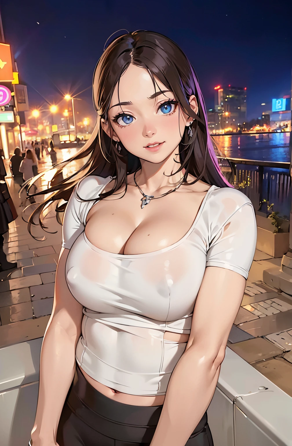 (Best quality,4K,8K,A high resolution,tmasterpiece:1.2),ultra - detailed,(actual,realistically,realistically:1.37),Ultra HD face, HighDynamicRange,hyper HD,Studio lighting,Ultra-fine painting,Focus sharp,physically-based renderingt,Extremely detailed description,professional,terror,japanese manga,sci-fy,photography,Concept artist, A woman wearing a white top and black skirt poses for a photo, Stylish white skinny suit, choker necklace, Colossal tits,White skin of the, Crazy breast swelling, Chest larger than shoulder blades, Pelvis larger than shoulder blades, Fitness model, Ruddy cheeks, breath through, A smile, Standing in the night city