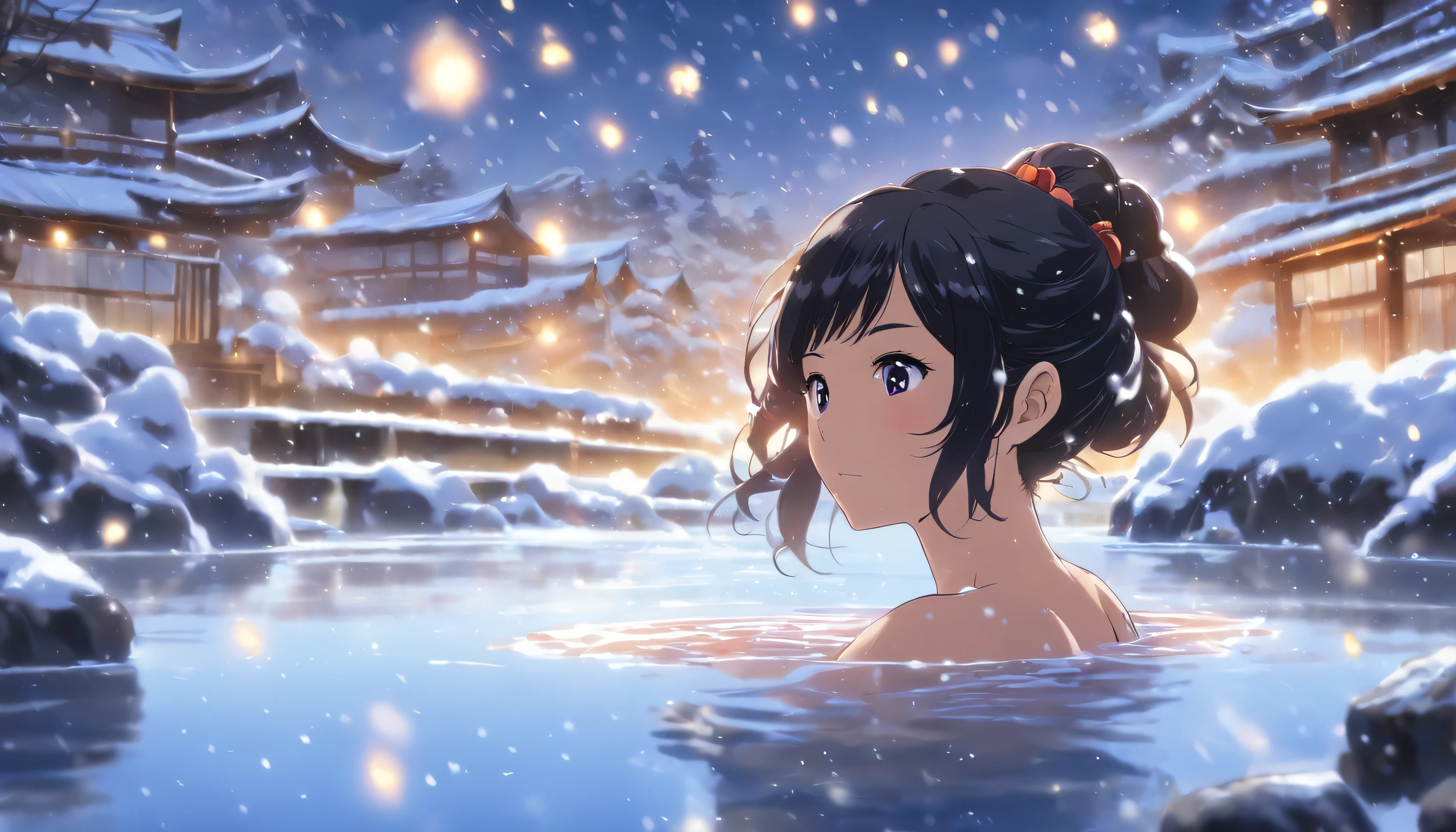 Enjoying Yukimi Sake at a hot spring、A close-up view of the snowy field outside the hot spring from behind a beautiful black-haired woman、Spectacular view of hot spring steam and light snow falling