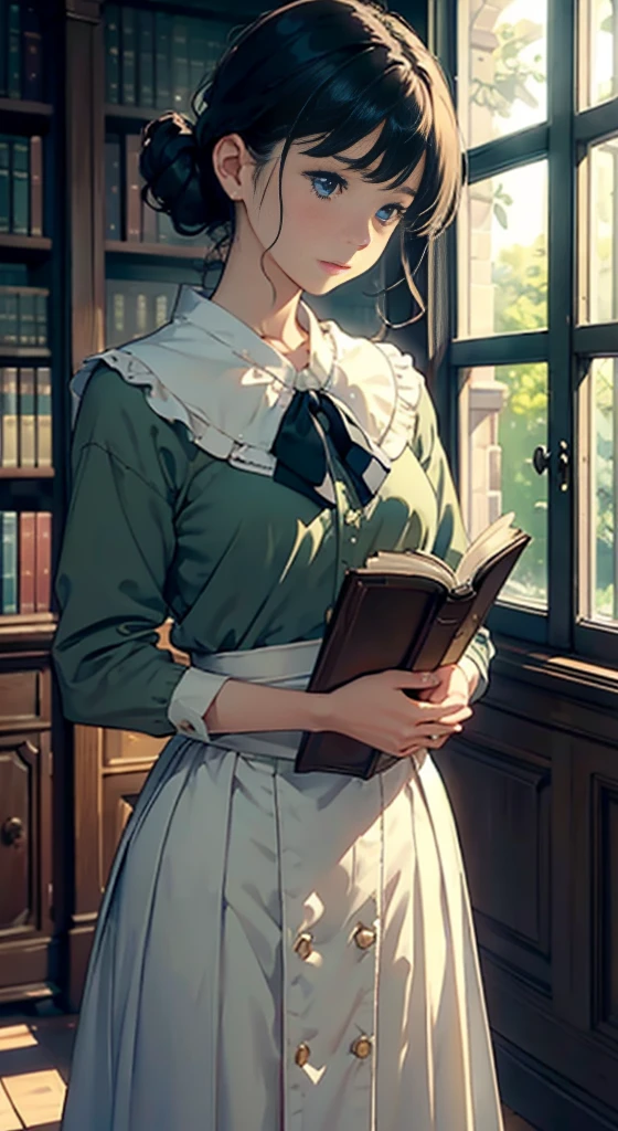 (Watercolor in Sargent style)、(top-quality、masterpiece)、超A high resolution、high-detail、(David Hamilton Style)、(softfocus)、Cinema Angle、ciinematic light、Soft light、(British traditional public school)、1girl in、17 age、A stunning、Short black hair、Bunching hair、((Detailed depiction of a beautiful face))、Crisp face、(detailed face depiction)、Detailed eyes、small tits、tiny chest、校服、(long skirt)、Holding a book、at the library、Perfect hands、((Anatomically accurate depiction of hands and fingers))、((Describe the exact shape of the book))、beautiful setting、serene ambiance、Calm expression、Quiet moments、Vintage atmosphere、Immerse yourself in reading、bookworm、Thoughtful gaze、Classic elegance、A quiet retreat、Fascinating beauty、Sophisticated clothing、Majestic bookcase、Traditional atmosphere、Lush green environment、