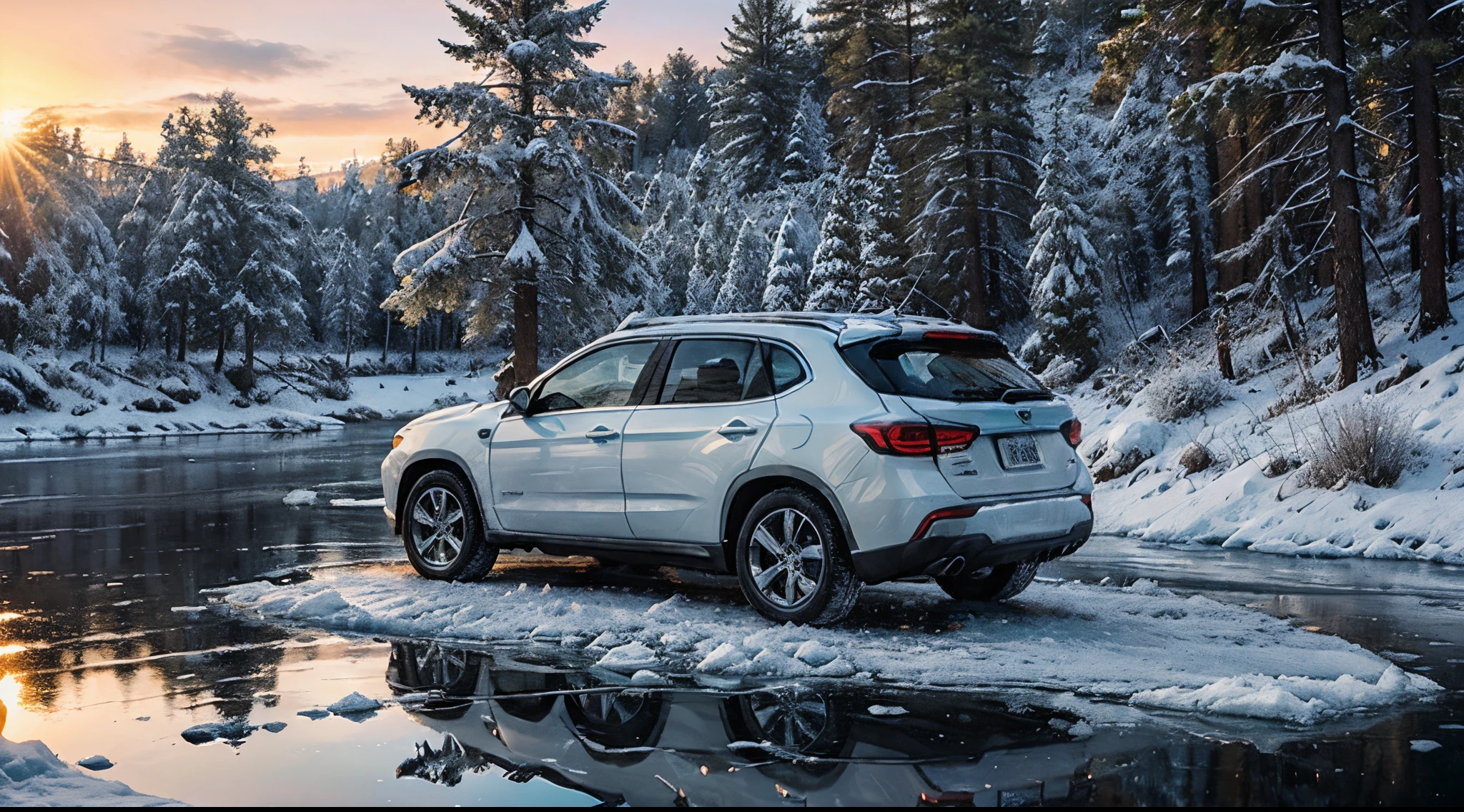 ice formed on frozen car, frozen river, sunrise, colorful, vibrant, realistic, highly detailed, pine trees