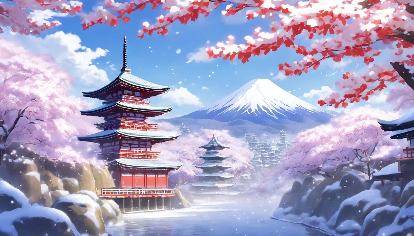 (masterpiece, best quality), snowy sakura garden, heavy snow fall, shinto temple, mountain range