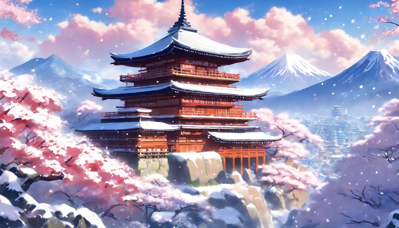 (masterpiece, best quality), snowy sakura garden, heavy snow fall, shinto temple, mountain range