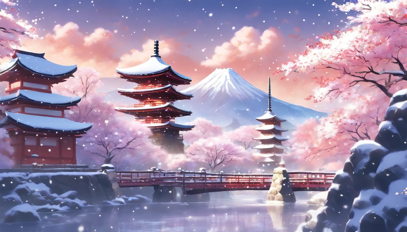 (masterpiece, best quality), snowy sakura garden, heavy snow fall, shinto temple, mountain range