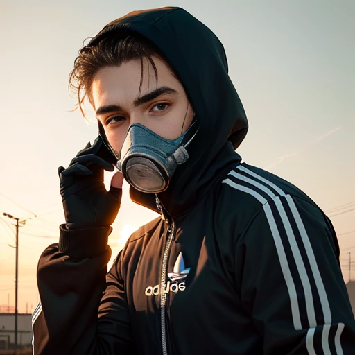 Slavic man in adidas tracksuit and black gas mask