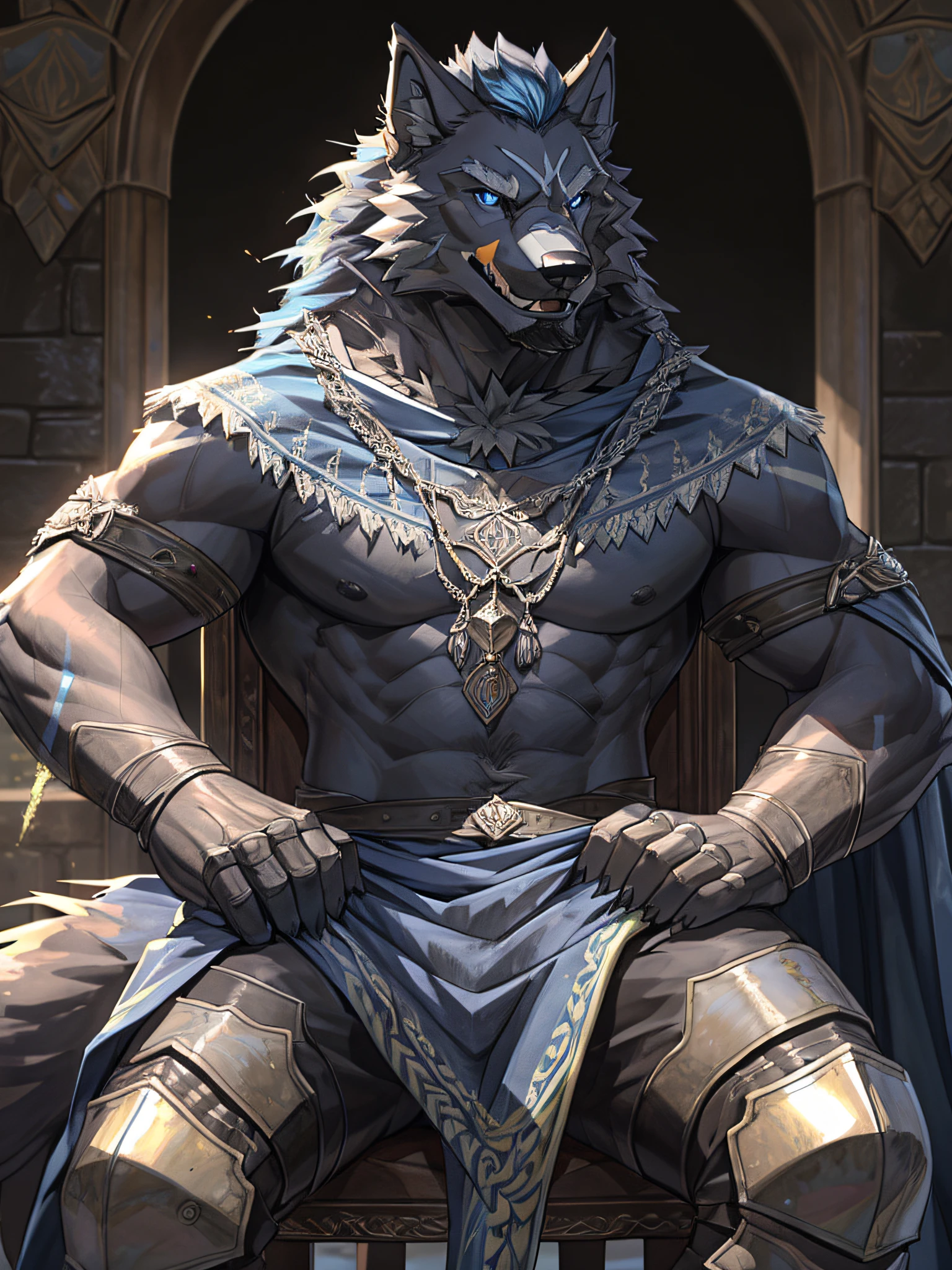 furry, bara,wolf,The fur is black with blue stripes.,Sporadic cloth-colored hair mites,Dark blue eyes,sit on a chair,An arrogant expression.,Look straight ahead.,smile at the corner of your mouth.,Very handsome,Age not more than 50 years,dark, severe