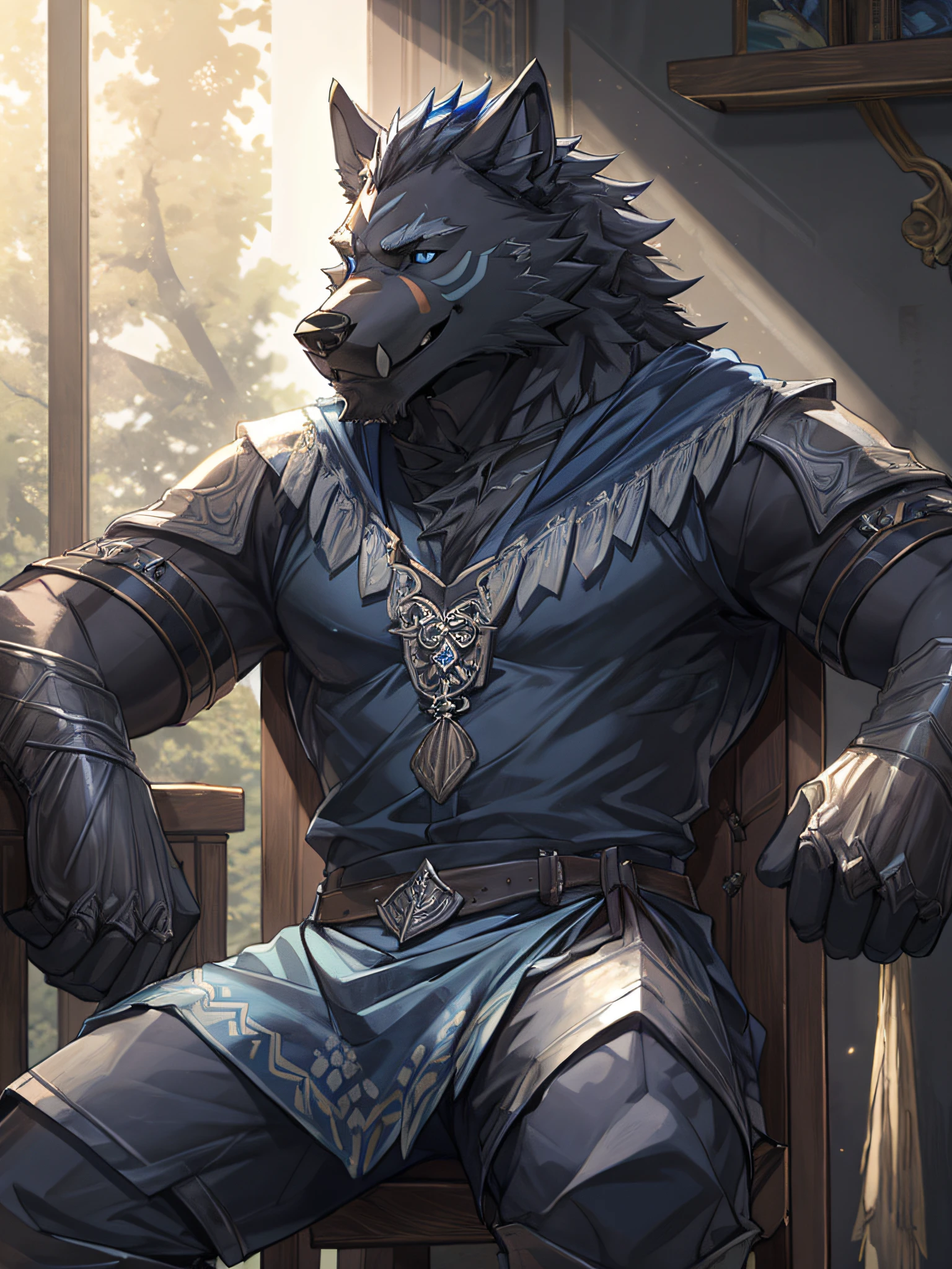 furry, bara,wolf,The fur is black with blue stripes.,Sporadic cloth-colored hair mites,Dark blue eyes,sit on a chair,An arrogant expression.,Look straight ahead.,smile at the corner of your mouth.,Very handsome,Age not more than 50 years,dark, severe