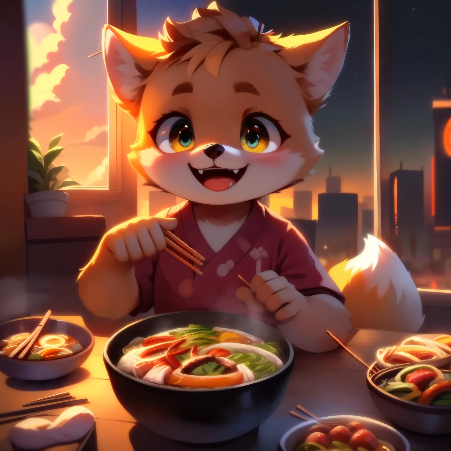 (Adorable fox eats ramen with Pixar urban-style chopsticks, The window of the city behind it, 4K, a lot of different food on the table, Cute fangs, An open smile)