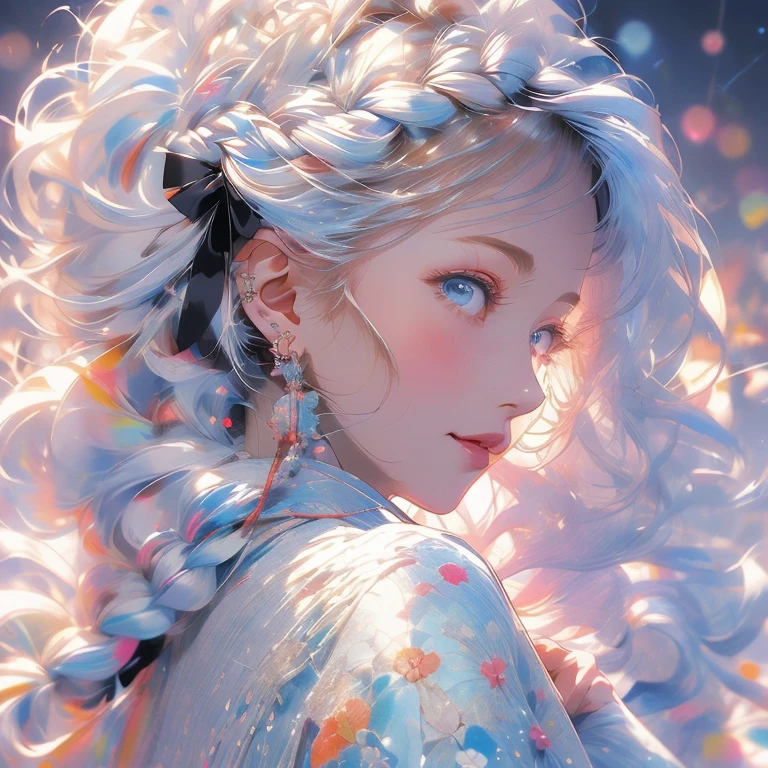 (masutepiece:1.2), Best Quality,pixiv,Colorful portrait,
1girl in, Solo, Jewelry, earrings, Long hair, braid, profile, Upper body, Bangs, Blue eyes, From Side, veils, Bow, Kimono, Long sleeves, Komono, White hair, Black background, Single braid, blush, See-through