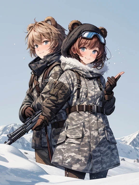 //Character
1girl,snowy moutain hunter, slim and soft, medium large breast,   ultra detailed face, super cute,innocent,  round face, thin eyeblow, sparkly pupils,    smiling full of compassion,   extra short hair ,  brown hair , multi color hair,  shaggy bangs,  
BREAK
//Fashion
snowy mountain hunter attire
 her outfit is inspired by huge pollar bear
white camouflage pattern hooded overcoat with fluffy white rims, practical accessories for hunting,   
Shearing boots, Ushanka, oversized goggles on her head, furry gloves
carrying hunting gun on her back
His clothes are summed up with the mono tone, snow camouflage
BREAK
in the snowy mountain, dark and cold, foggy