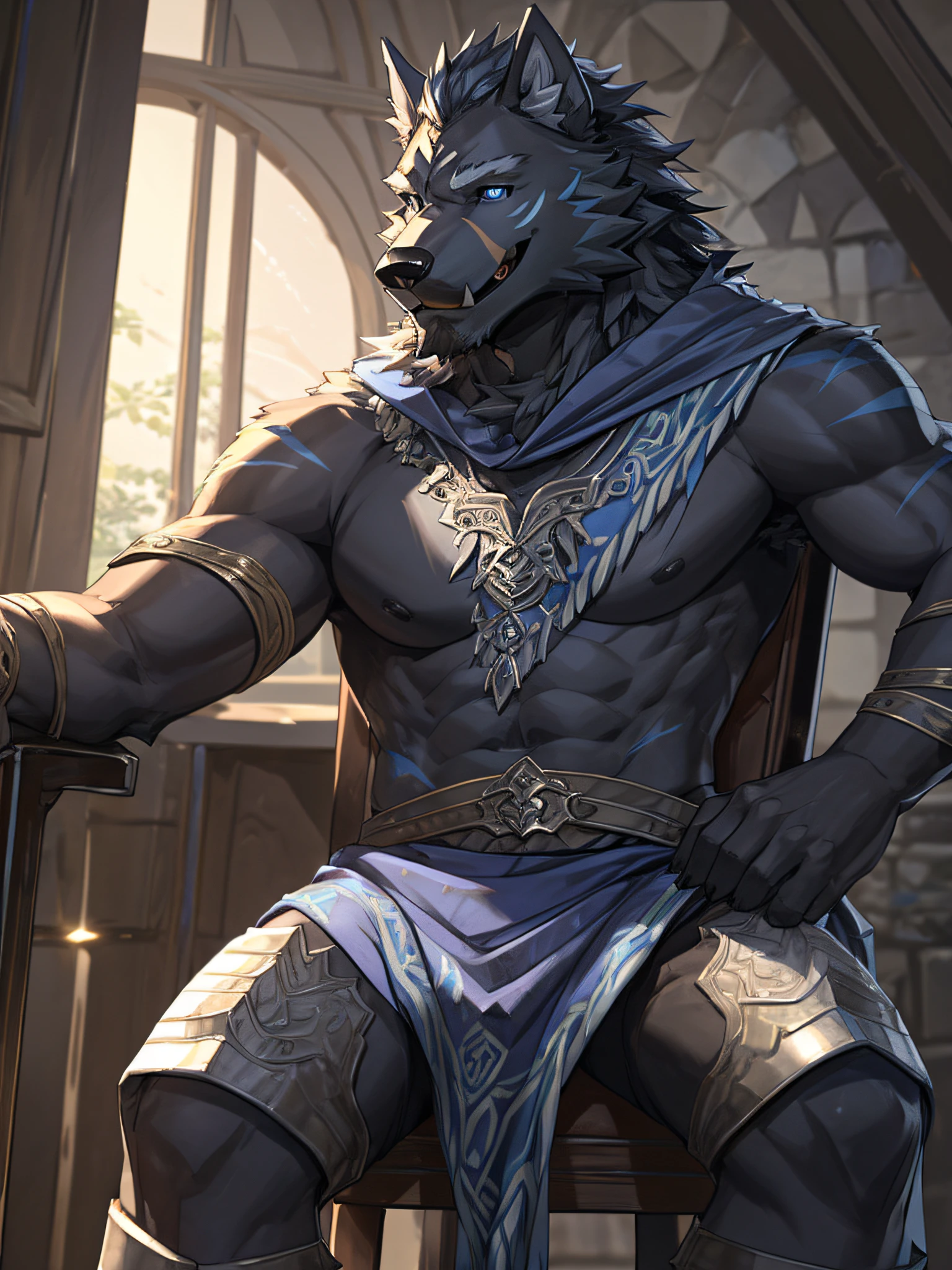 furry, bara,wolf,The fur is black with blue stripes.,Sporadic cloth-colored hair mites,Dark blue eyes,sit on a chair,An arrogant expression.,Look straight ahead.,smile at the corner of your mouth.,Very handsome,Age not more than 50 years,dark, severe