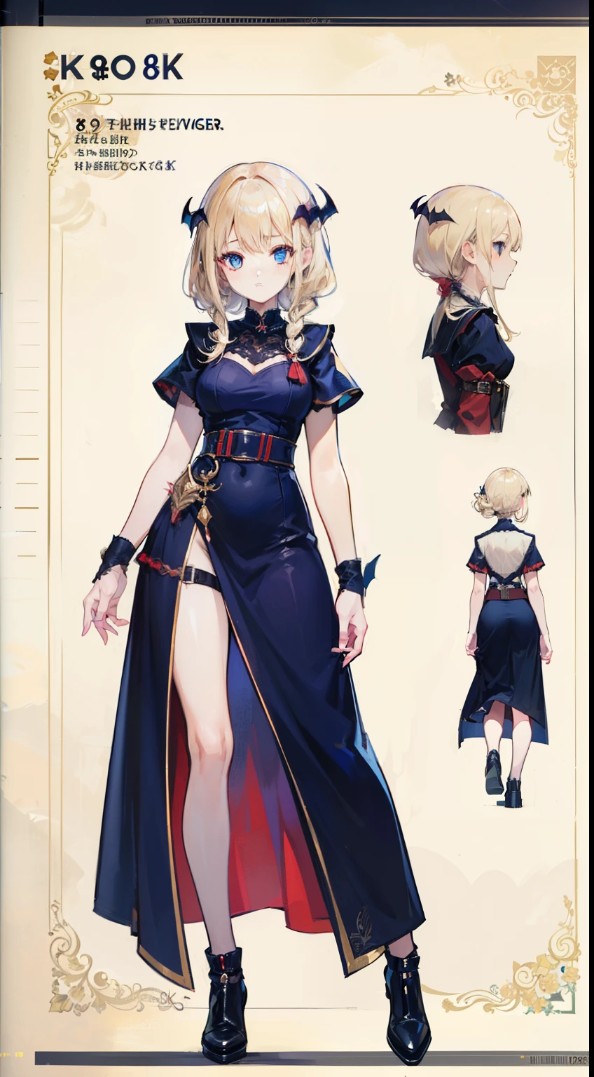 (((8K,top-quality)))1 young girl, character sheets, concept-art, full body Esbian, (masterpiece:1.2), (Top image quality:1.3), 1girl in, is standing, Braided hair, Succubus, light beige hair,Blue eyes