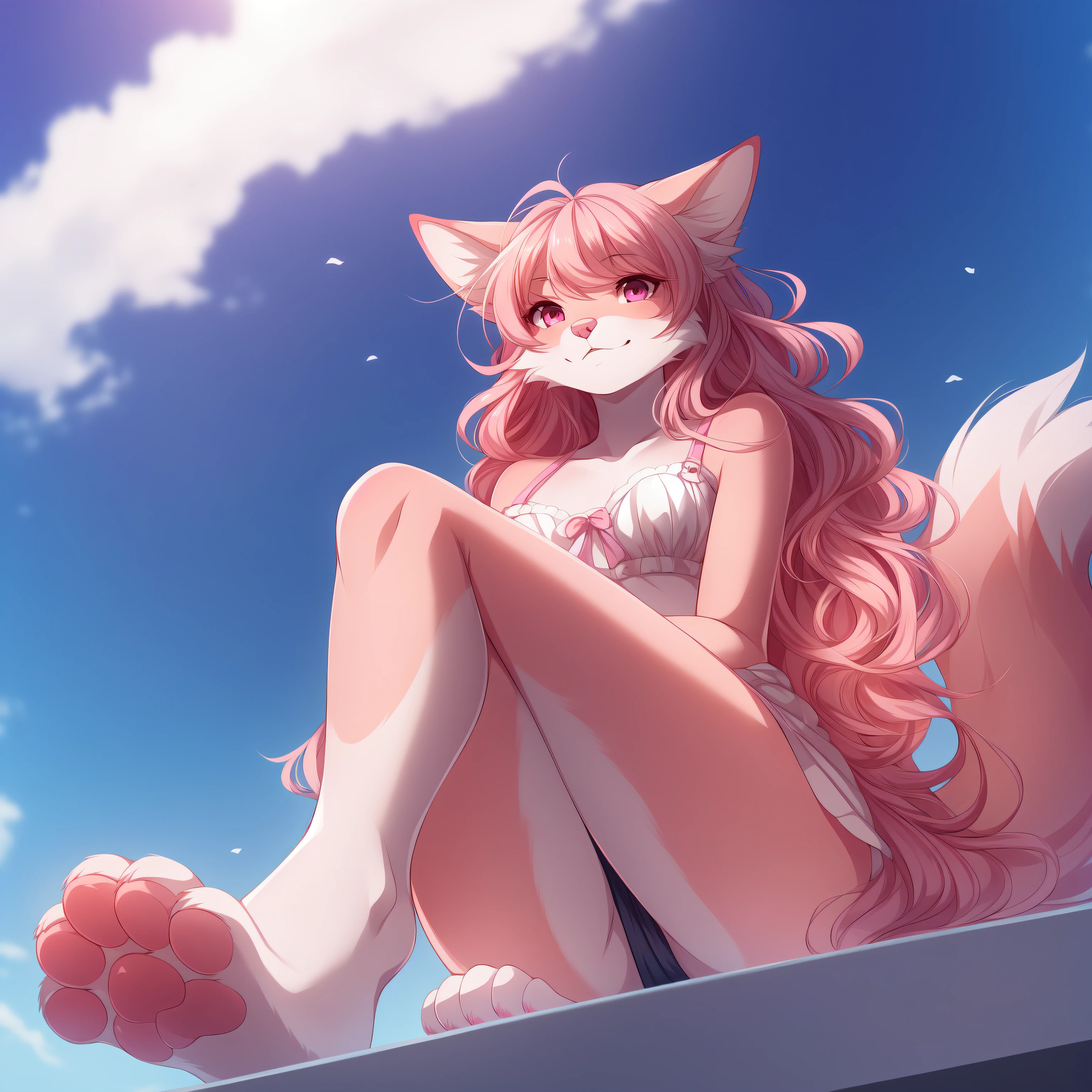 Alone:1.3, A cute pink domestic dog, Tall lady, Pink fox tail,  Pink furry body, Cute nose, Pink nose, a pink eyes, Very long pink curly hair, Pink fox ears, by Fumiko, by Hetlen, Eternal, simple backgound, 4 toes, Pink paw pads, sitted, low  angle shot, Foot focus