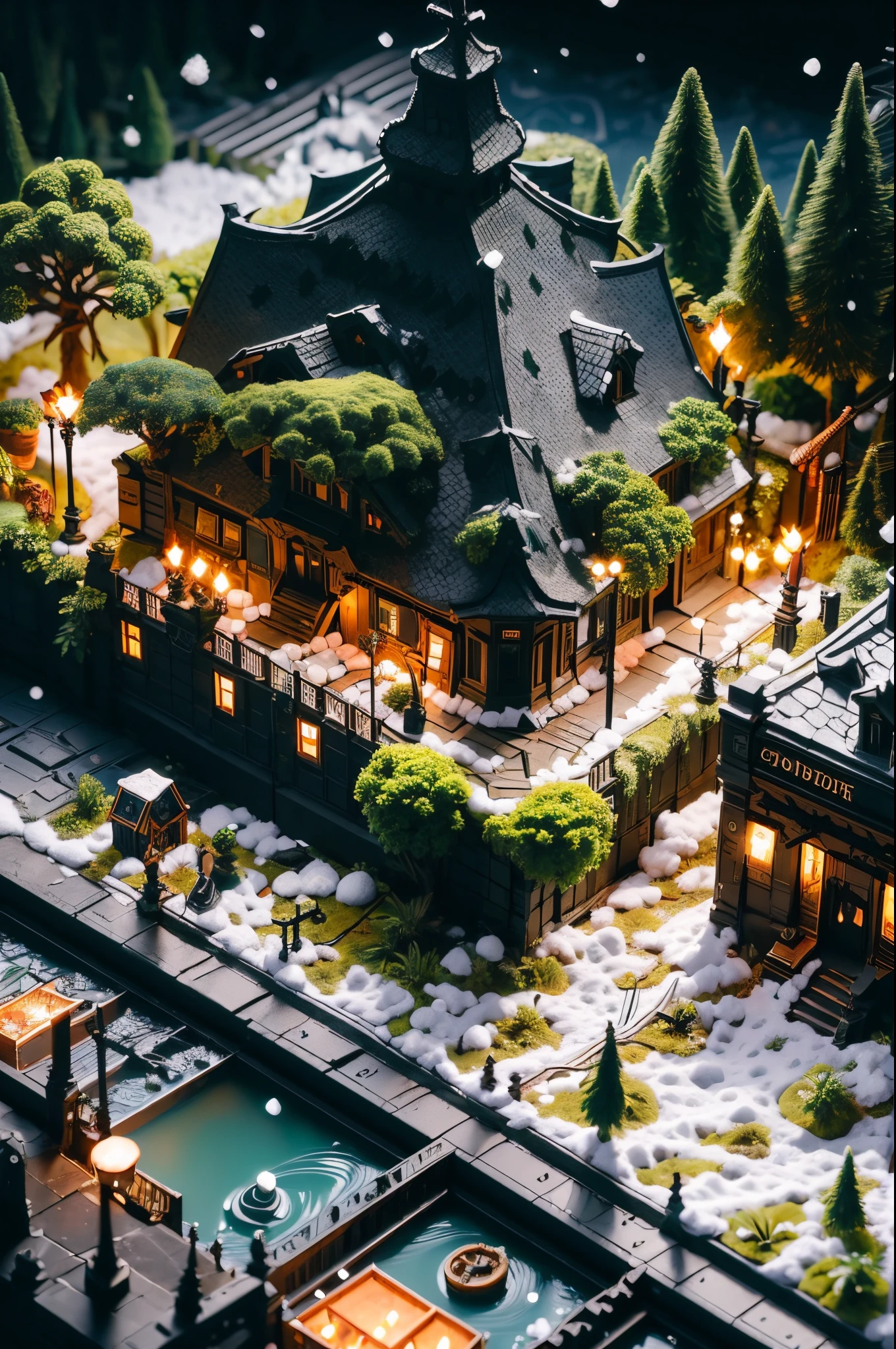 sandbox,(nevando:1.5),(Night in town:1.5)，scenecy，the street，parks，Smoke，