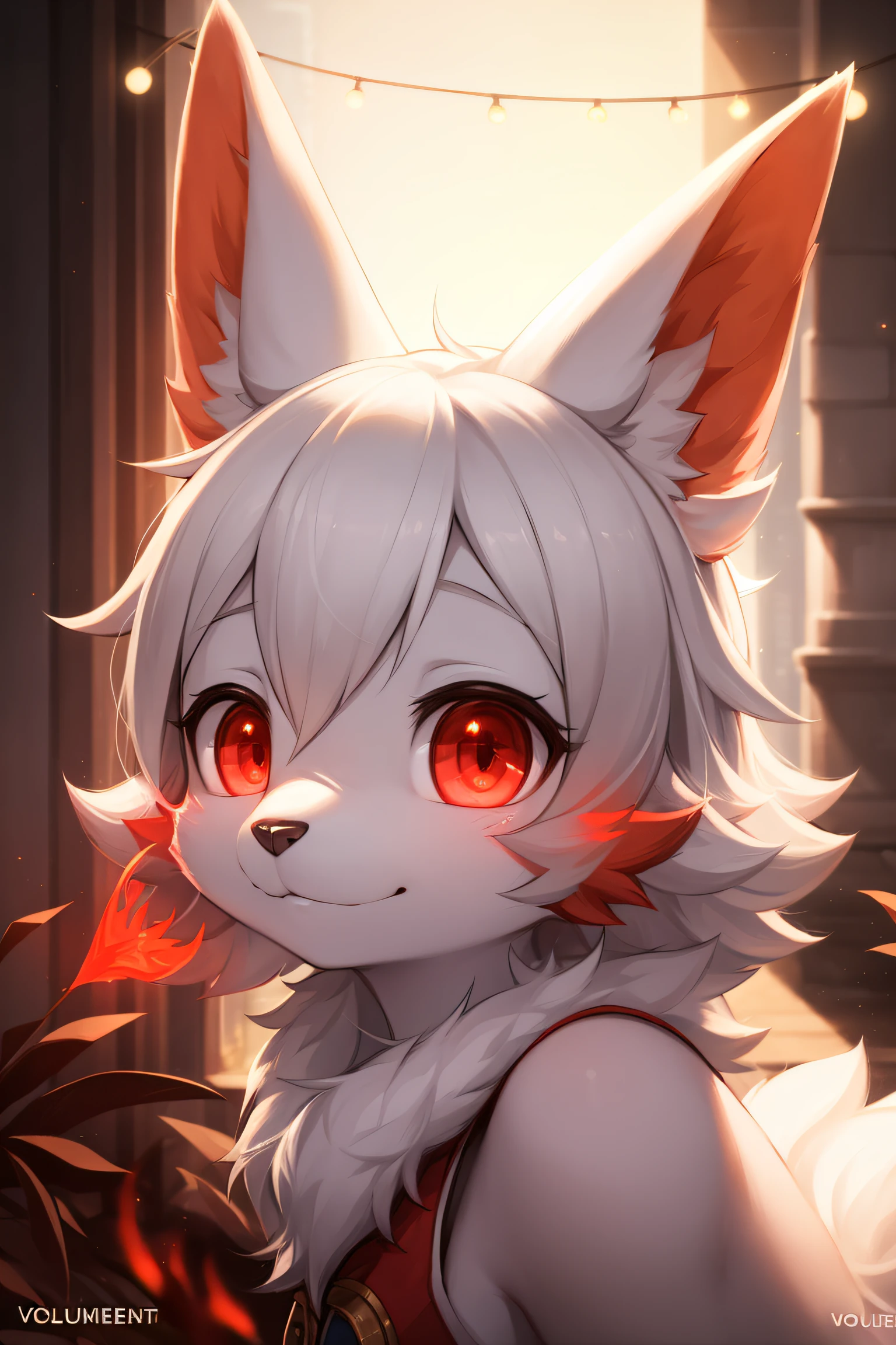 furry, white fur, ultra cute face, red elements on fur, glowing t-shrt, beautiful lights and shadows, ambient light, ultra detailed fur, volumetric light