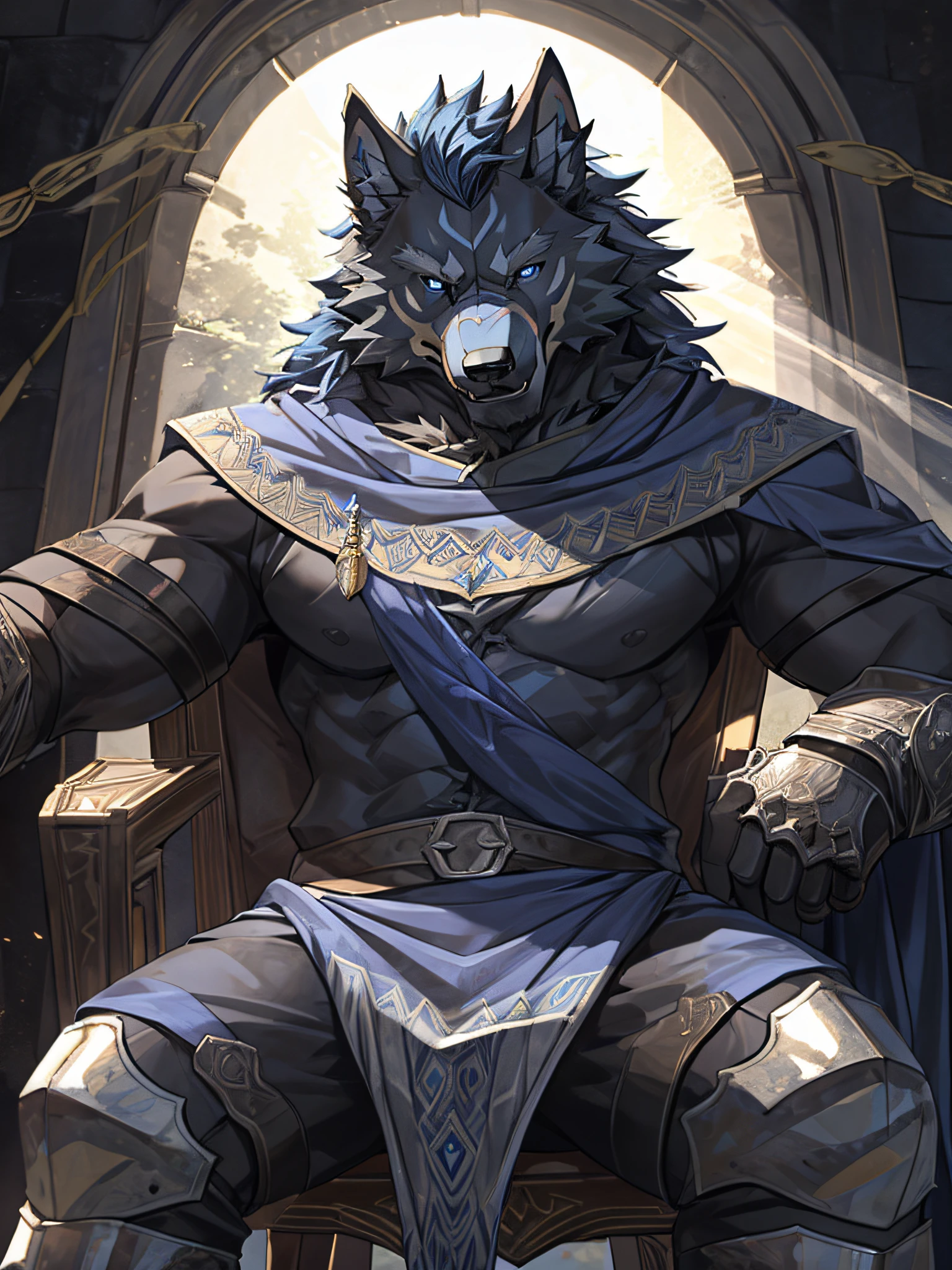 furry, bara,wolf,The fur is black with blue stripes.,Sporadic cloth-colored hair mites,Dark blue eyes,sit on a chair,An arrogant expression.,Look straight ahead.,smile at the corner of your mouth.,Very handsome,Age not more than 50 years,dark, severe