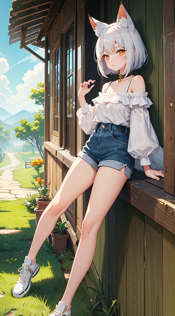 Fox Girl　teens girl　Lori　White hair　big tail　fluffy tail　kawaii　Beautiful skin　Amber eyes　high-level image quality　hightquality　wall-paper　shorth hair　short-cut　shortsleeves　Hair short　Hair to the shoulders　shortpants　jeans　grass field　run　Looks Back　the wind