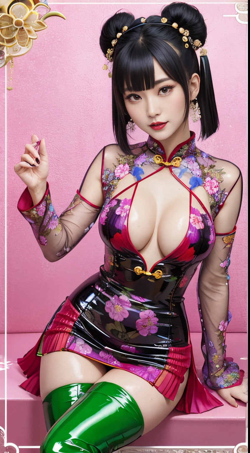 There is a woman wearing a latex dress and taking a photo...................................., wearing atsuko kudo latex outfit, full-body xianxia, wearing a colorful cheongsam, She is wearing a floral latex long cheongsam , Slime skin, goddess of Japan, skintight, Glossy skin, gorgeous japanese model,Tecateca,shiny,shiny,Slimy,,(pleated thigh-high boots),Chinese Restaurant
