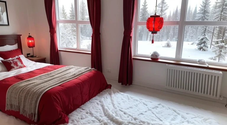 Nordic style bedroom，Snow outside the window，festivity，New Year’s Day，New Year atmosphere，festive decoration，red spring festival couplets，little red lantern