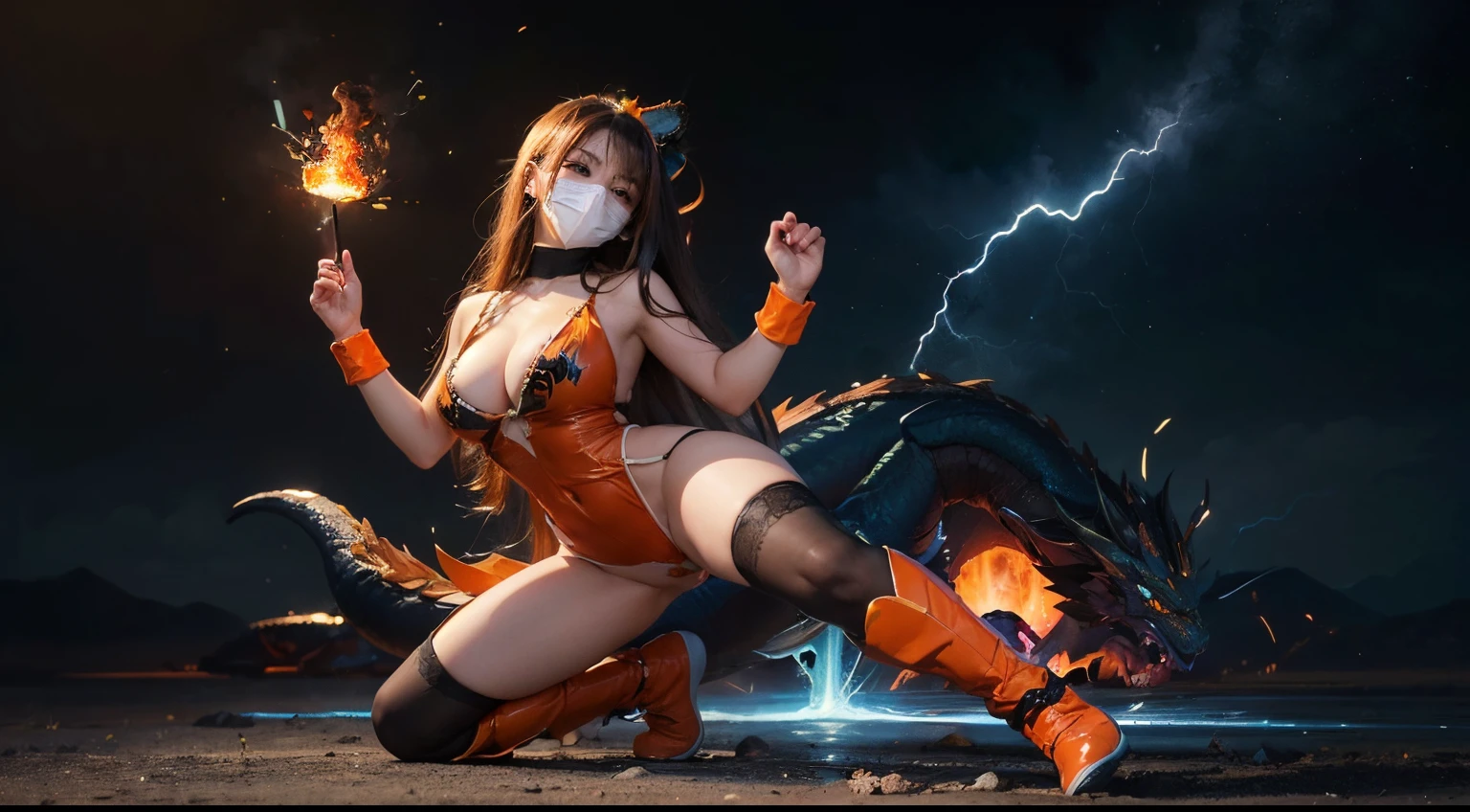 ((best quality)), ((masterpiece)), (detailed), perfect face, ((best quality)), ((masterpiece)), (detailed), perfect face, Big tits,asian girl, dragonball style, beatyful face, energie aura around a girl, goku, dragon ball, orange clothes,((power)), angry, energie, super powered, full body, ((stocking)), ((fireball on a hand)), looking ahead ,((stocking)), ((orange mask)), ((volt energie around the girl)), ((more boobs)), ((sexy)), more fire, ((c17 character)), ((more dragon balls)) ,(lightning)