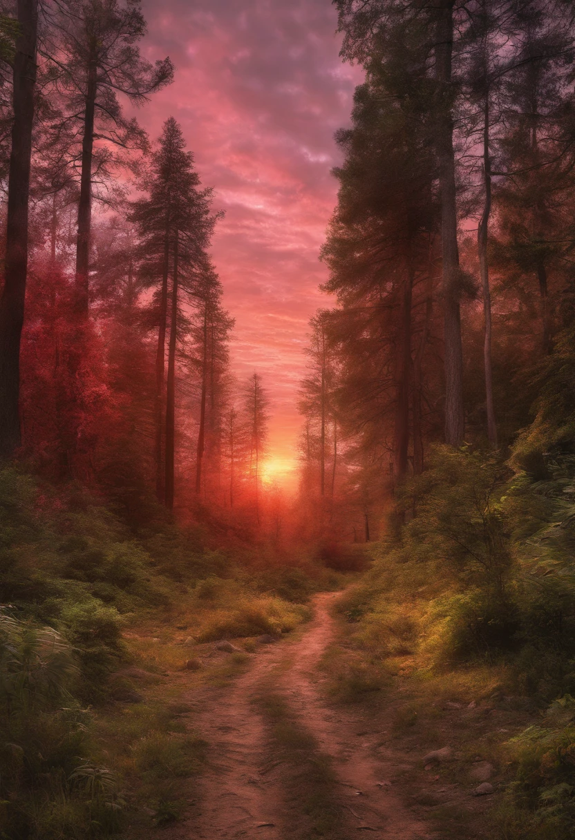 best landscape jangle, fiery, red-pink sunset, walking through forest, magical, wobbly