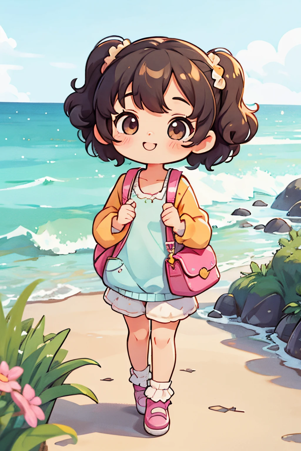 Shoulder sweater, Curly shorthair, hair scrunchie, Twin-tailed, kawaii pose、ssmile、Stroll along the seaside path