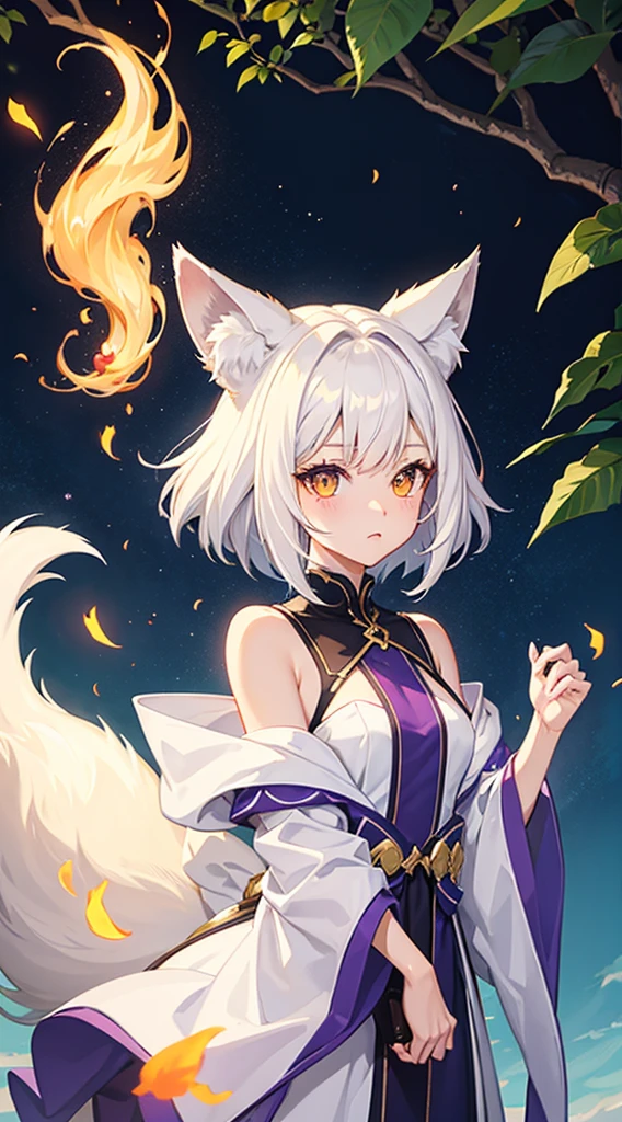 Fox Girl teens girl Lori White hair big tail fluffy tail kawaii Beautiful skin Amber eyes high-level image quality hightquality wall-paper shorth hair short-cut Hair short Hair to the shoulders robe sorcerer cana Purple Flame