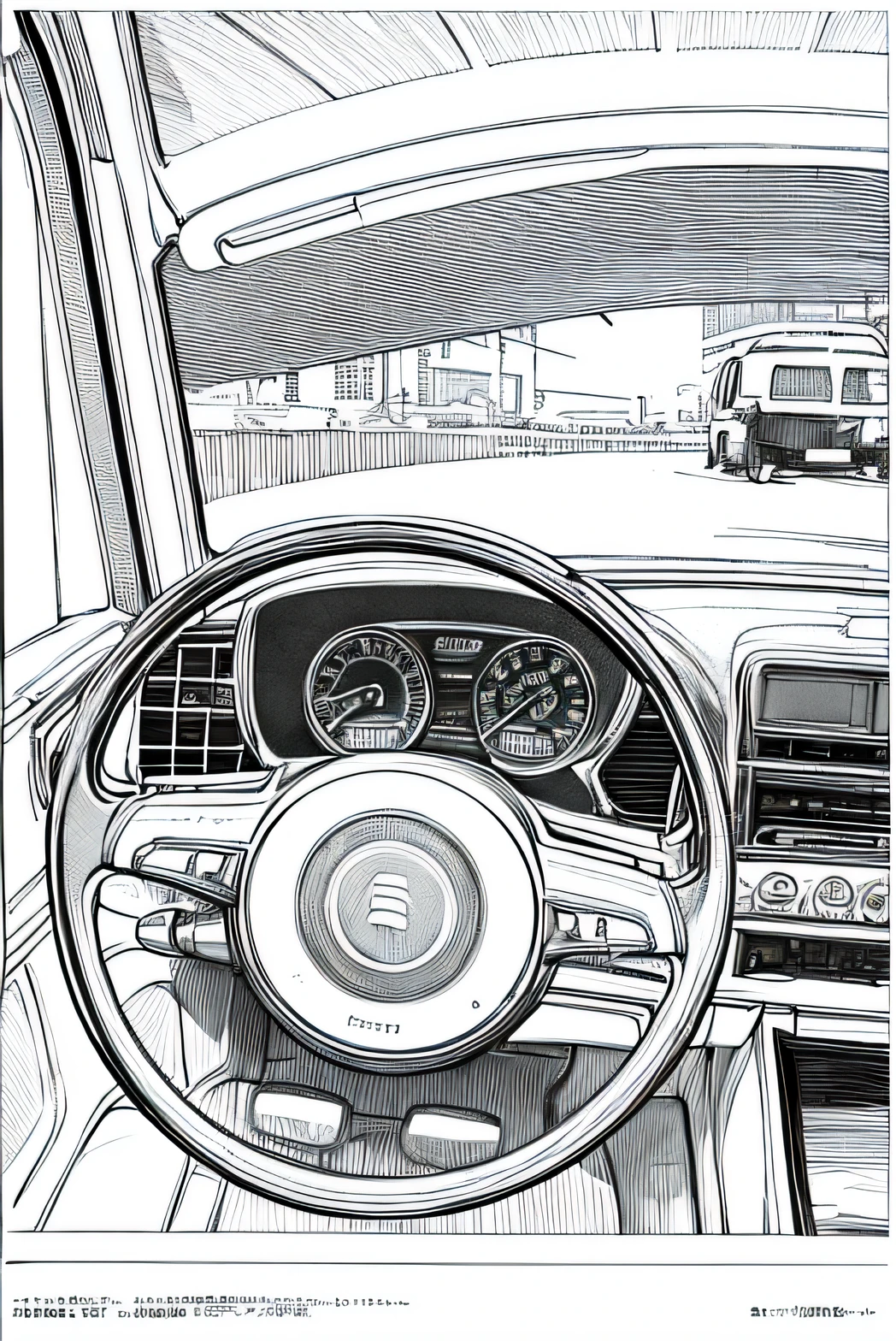 A drawing of a car dashboard with a steering wheel and dashboard lights ...