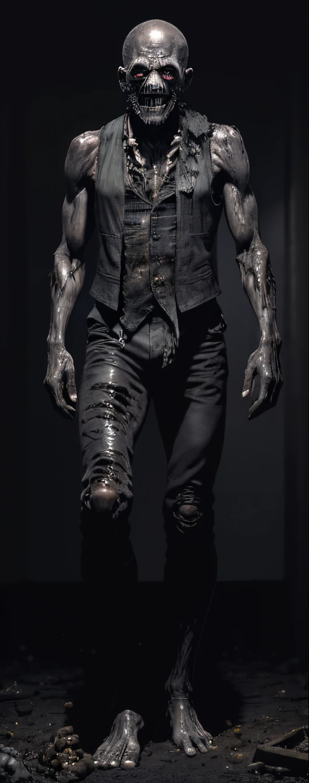 a close up of a person with a creepy face and a black vest, old man, completely black skin, terrifying smile, glowing bright shiny white eyes, skinny, shaved face, decayed black torn up WW1 French army suit torn apart, clothes torn up and decayed, old fashioned black broken military helmet, zoomed out full body, human male demon, evil standing smiling pose, distant full body view, full body close-up shot, decaying, rotten, black mucus on skin, almost pitch black skin