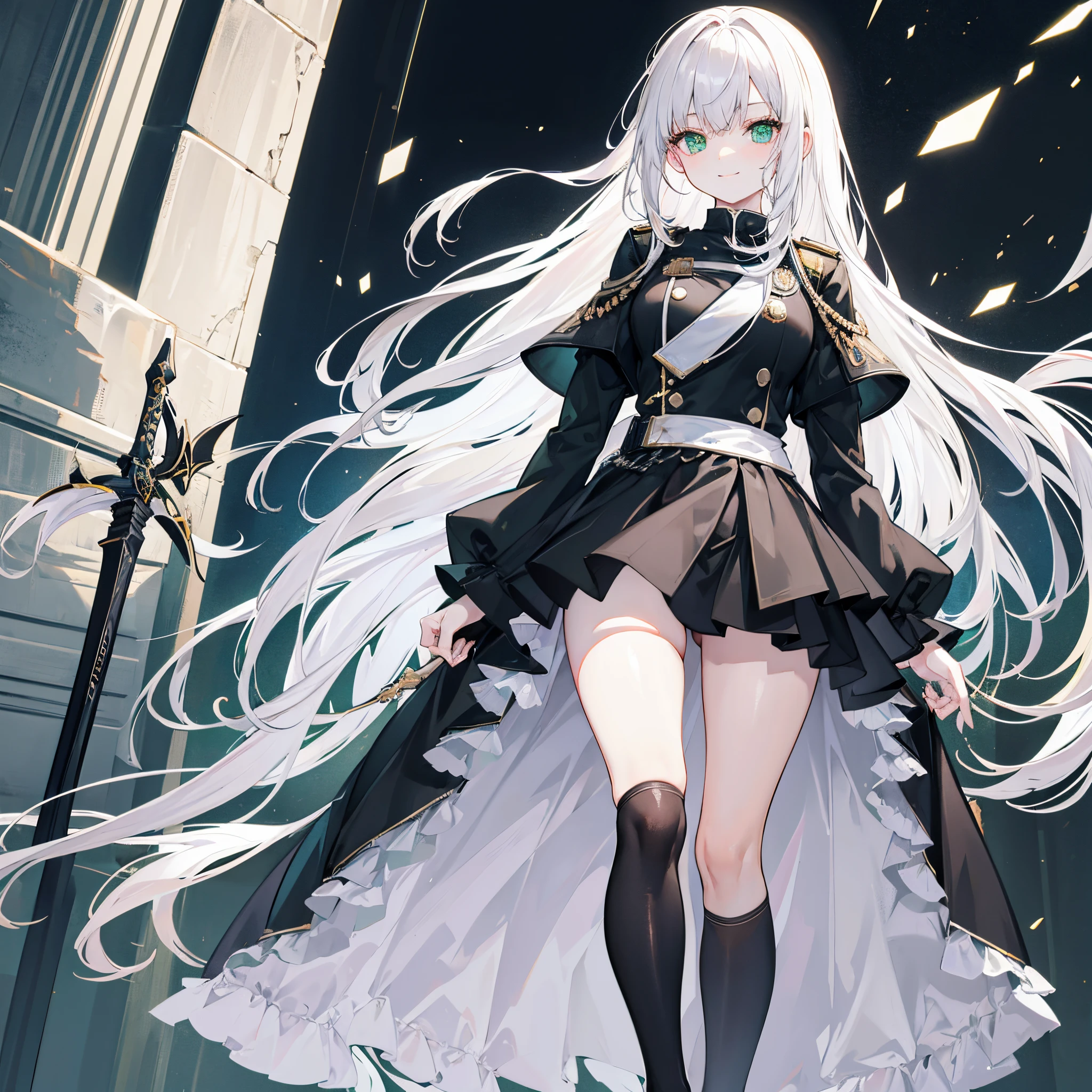 White hair, green eyes, long hair, beautiful female, smile, black uniform, intricate skirt, black skirt, black knee socks up to thighs, sword in right hand