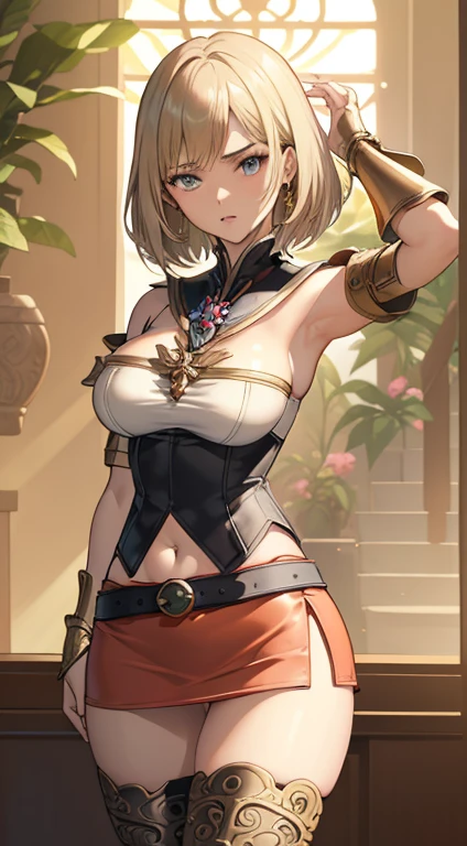 Highkick,(the golden ratio,masutepiece, of the highest quality, Best Quality, Beautiful and aesthetic:1.2), ighly detailed, Colorful,highest details,Illustrations, fantastical scenes, (Adults,19,1girl in, Solo, Final Fantasy 12,Ashelia, shorth hair, short-hair,Ashelia Costume, Colossal tits, a miniskirt,thigh high boots, thighs thighs thighs thighs, jewely,Contemptuous look